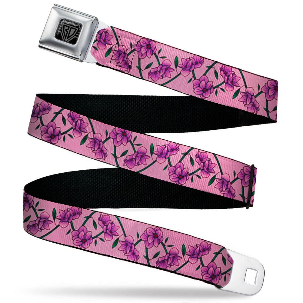 BD Wings Logo CLOSE-UP Black/Silver Seatbelt Belt - Floral Chain Pink Webbing Seatbelt Belts Buckle-Down