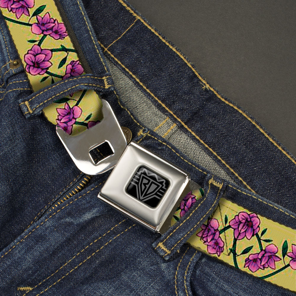 BD Wings Logo CLOSE-UP Black/Silver Seatbelt Belt - Floral Chain Yellow Webbing Seatbelt Belts Buckle-Down