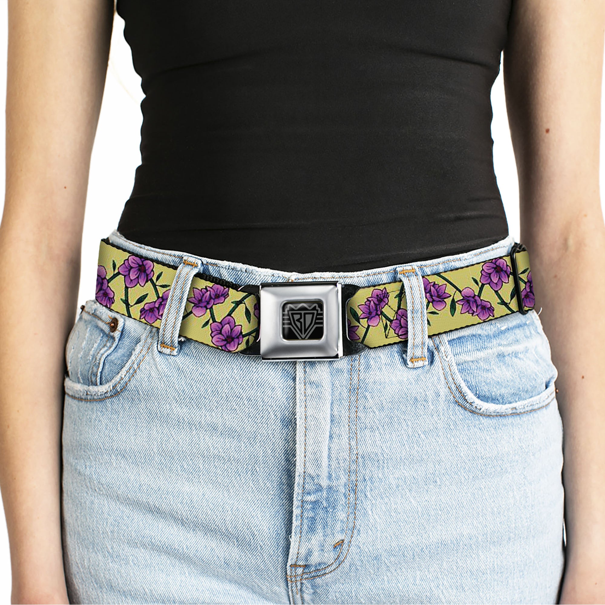 BD Wings Logo CLOSE-UP Black/Silver Seatbelt Belt - Floral Chain Yellow Webbing Seatbelt Belts Buckle-Down