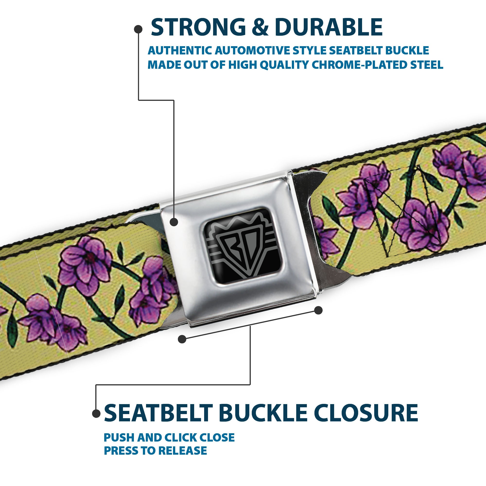 BD Wings Logo CLOSE-UP Black/Silver Seatbelt Belt - Floral Chain Yellow Webbing Seatbelt Belts Buckle-Down