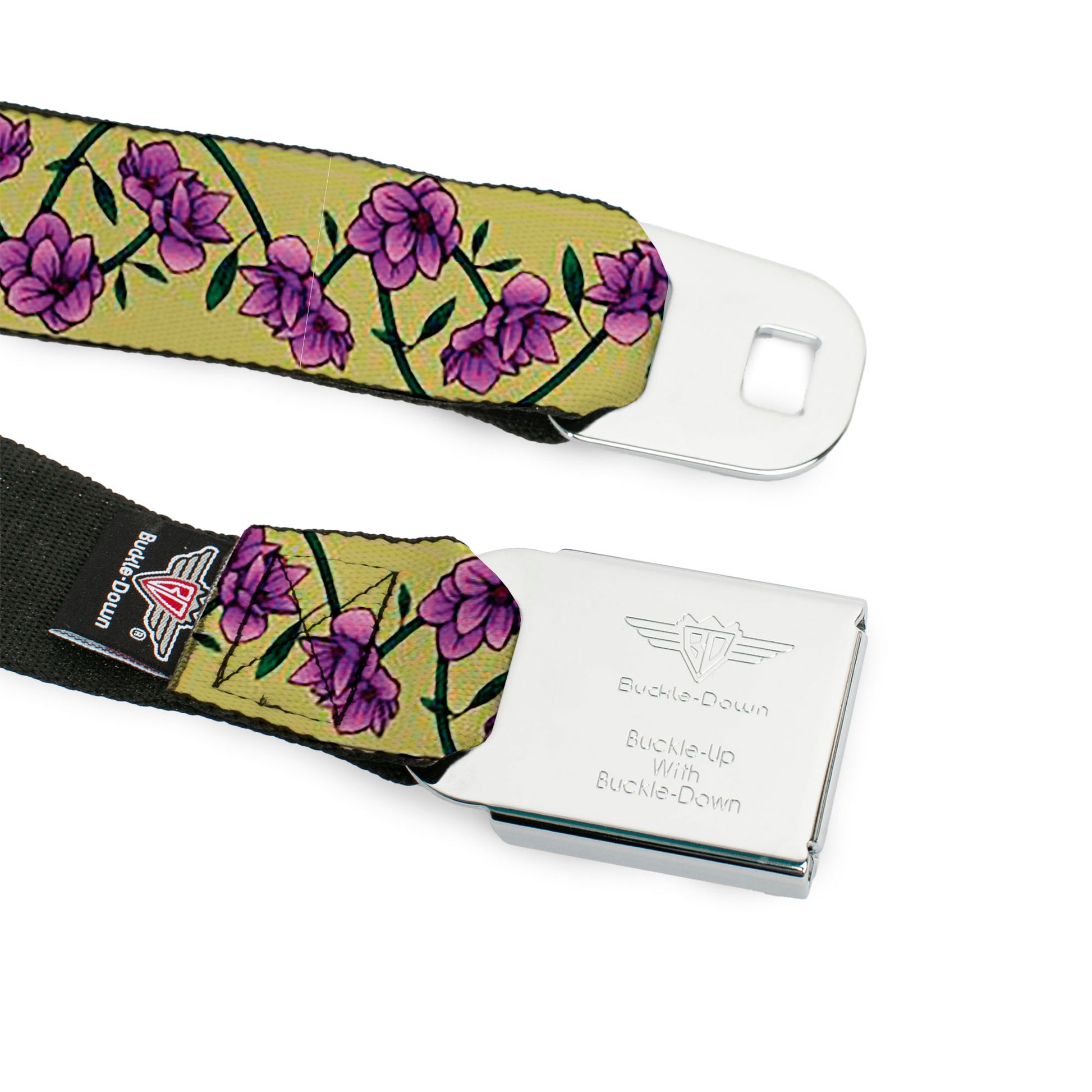 BD Wings Logo CLOSE-UP Black/Silver Seatbelt Belt - Floral Chain Yellow Webbing Seatbelt Belts Buckle-Down