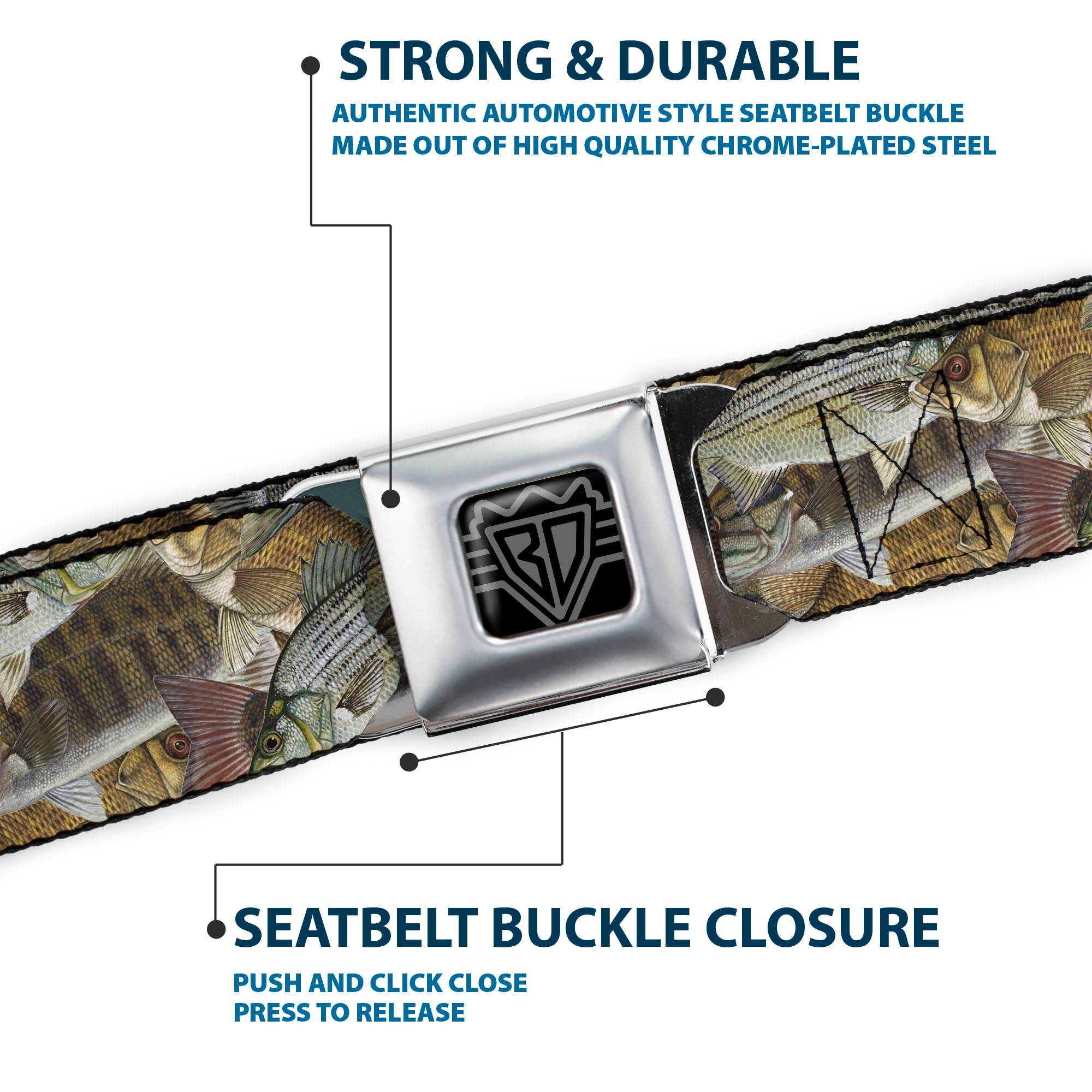 BD Wings Logo CLOSE-UP Full Color Black Silver Seatbelt Belt - Fishes Stacked Webbing Seatbelt Belts Buckle-Down