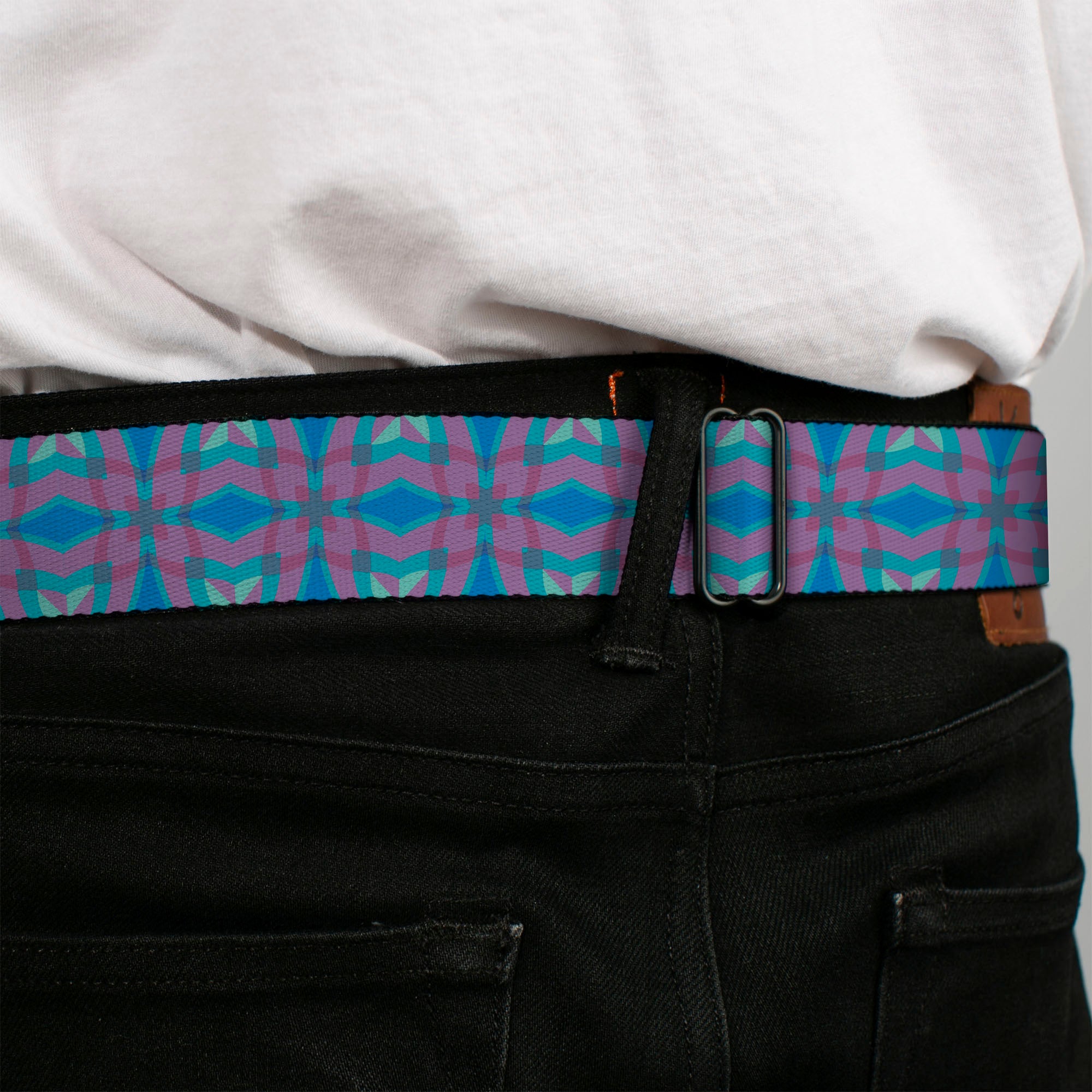 BD Wings Logo CLOSE-UP Full Color Black Silver Seatbelt Belt - Floral Kaleidoscope Blues/Pinks Webbing Seatbelt Belts Buckle-Down