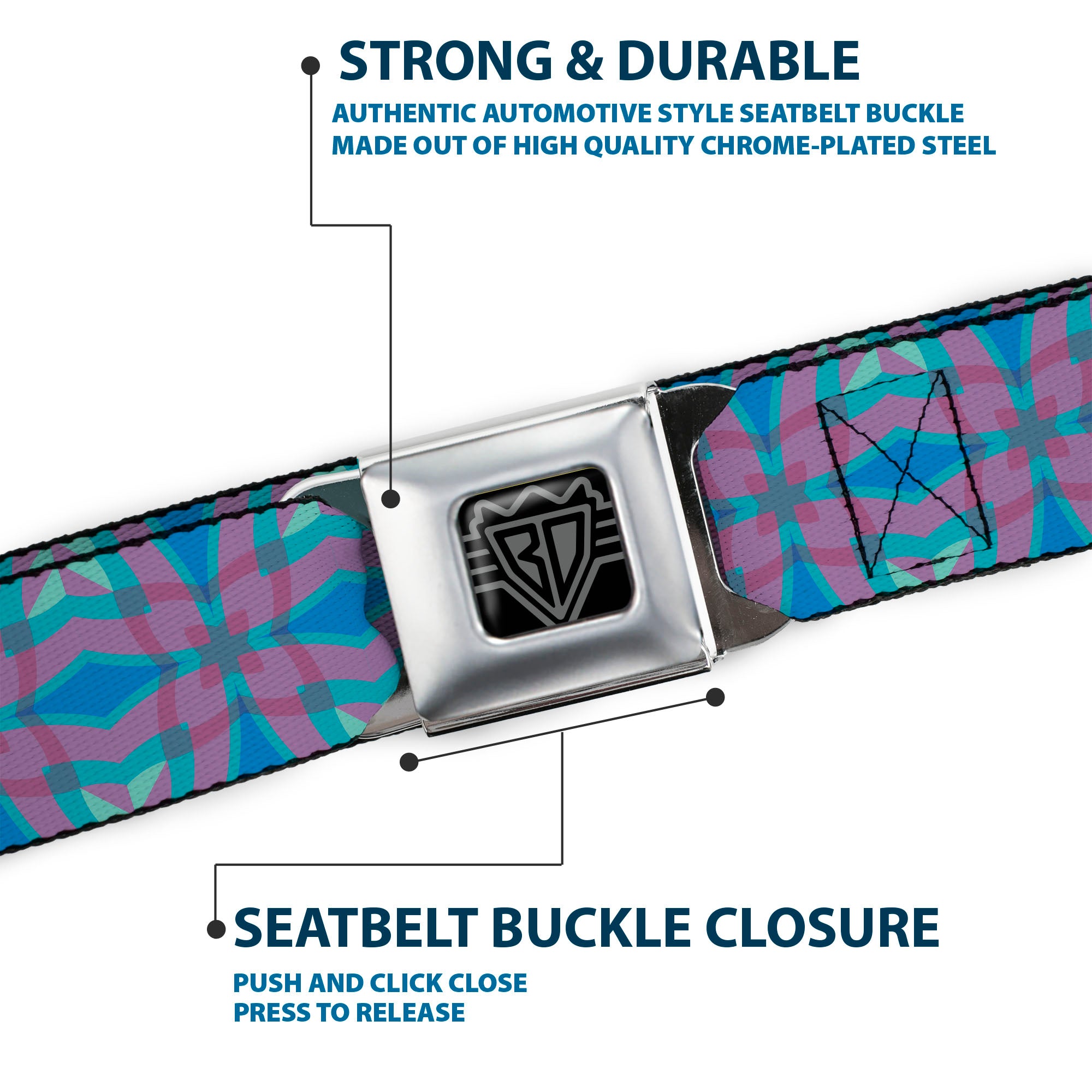 BD Wings Logo CLOSE-UP Full Color Black Silver Seatbelt Belt - Floral Kaleidoscope Blues/Pinks Webbing Seatbelt Belts Buckle-Down