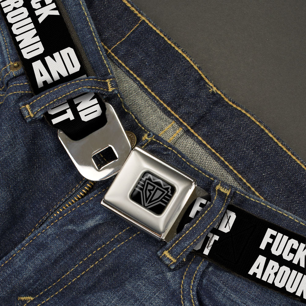 BD Wings Logo CLOSE-UP Black/Silver Seatbelt Belt - FAFO FUCK AROUND AND FIND OUT Bold Black/White Webbing Seatbelt Belts Buckle-Down