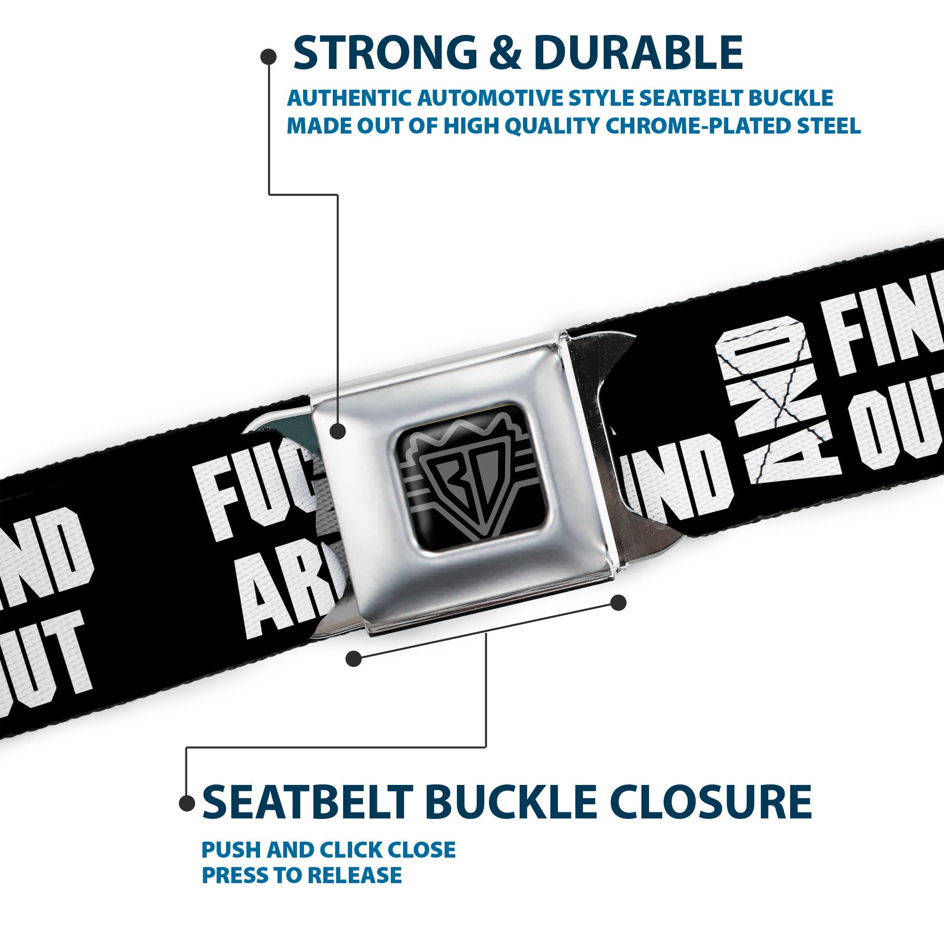 BD Wings Logo CLOSE-UP Black/Silver Seatbelt Belt - FAFO FUCK AROUND AND FIND OUT Bold Black/White Webbing Seatbelt Belts Buckle-Down