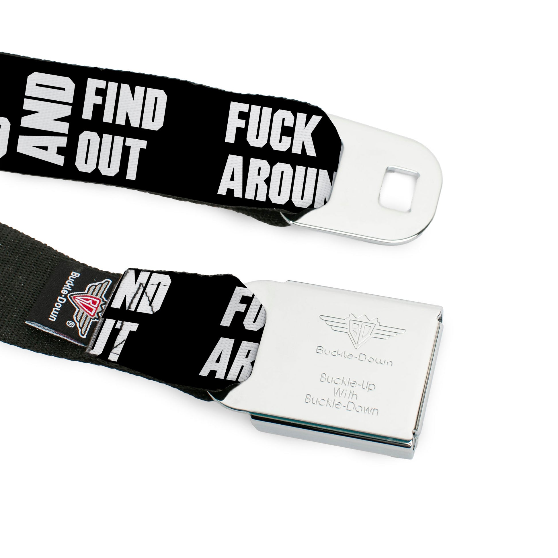 BD Wings Logo CLOSE-UP Black/Silver Seatbelt Belt - FAFO FUCK AROUND AND FIND OUT Bold Black/White Webbing Seatbelt Belts Buckle-Down