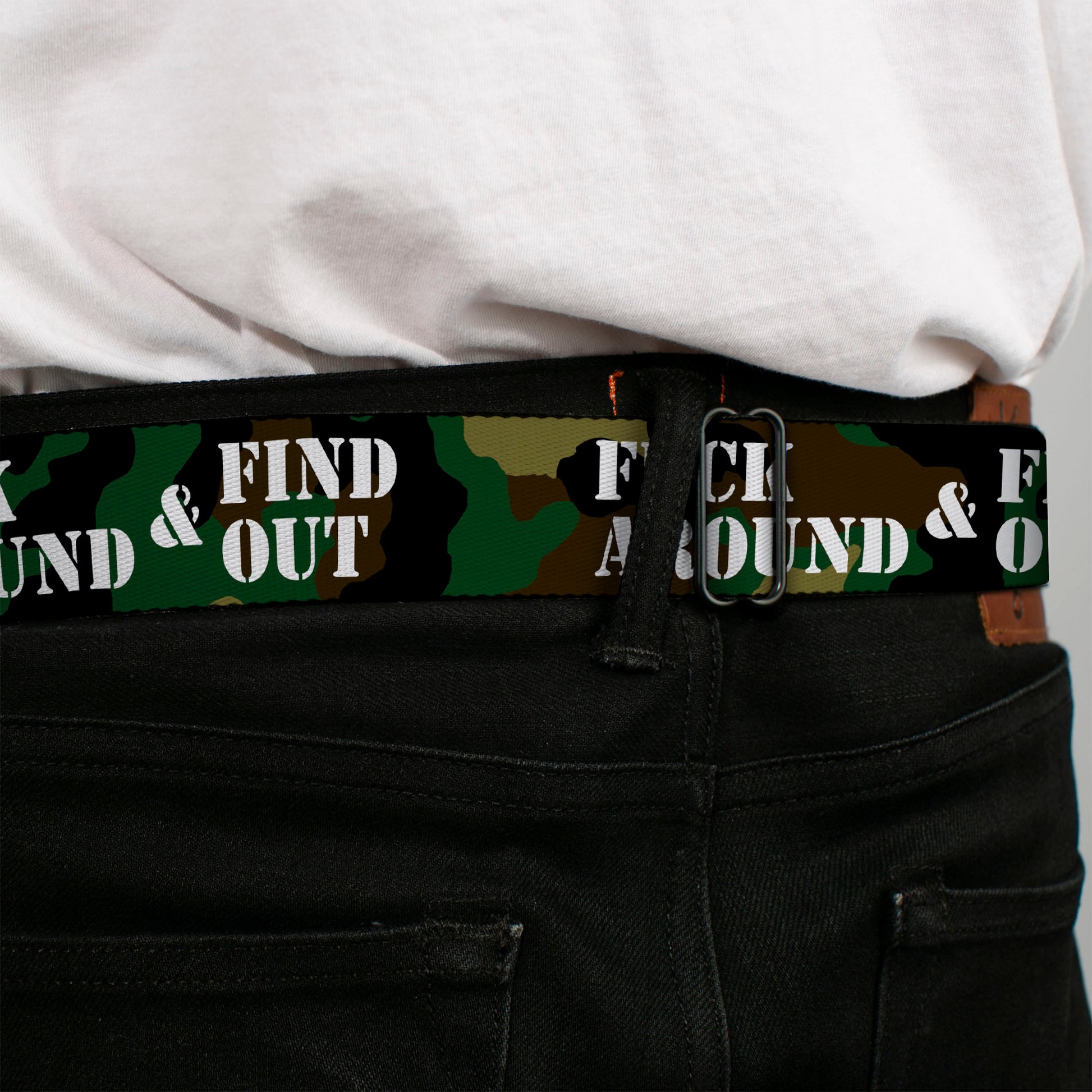 BD Wings Logo CLOSE-UP Black/Silver Seatbelt Belt - FAFO FUCK AROUND & FIND OUT Stencil Camo/White Webbing Seatbelt Belts Buckle-Down