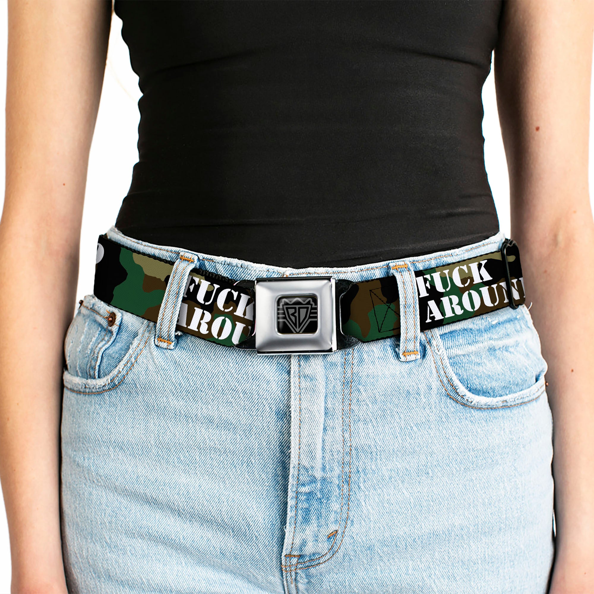 BD Wings Logo CLOSE-UP Black/Silver Seatbelt Belt - FAFO FUCK AROUND & FIND OUT Stencil Camo/White Webbing Seatbelt Belts Buckle-Down