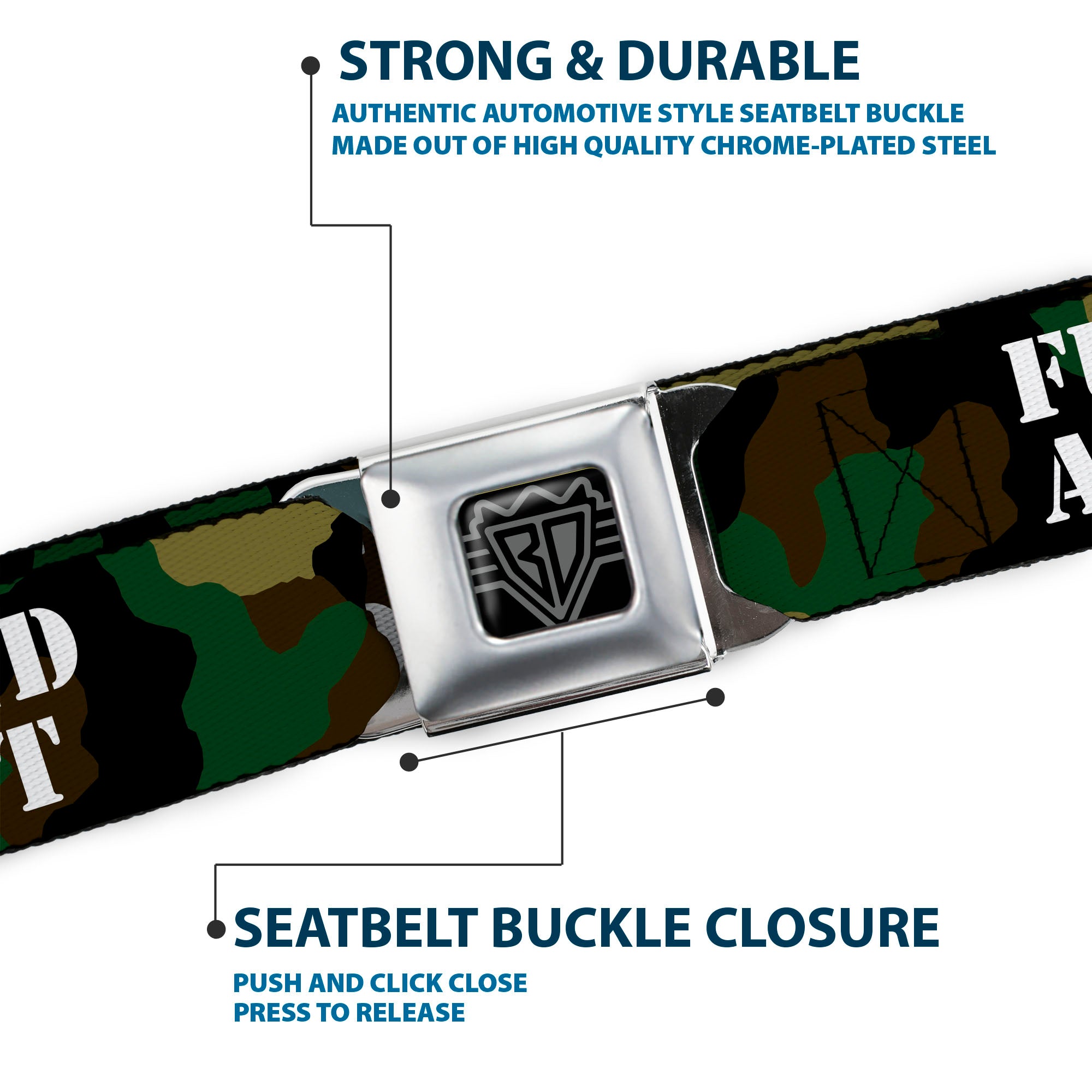 BD Wings Logo CLOSE-UP Black/Silver Seatbelt Belt - FAFO FUCK AROUND & FIND OUT Stencil Camo/White Webbing Seatbelt Belts Buckle-Down