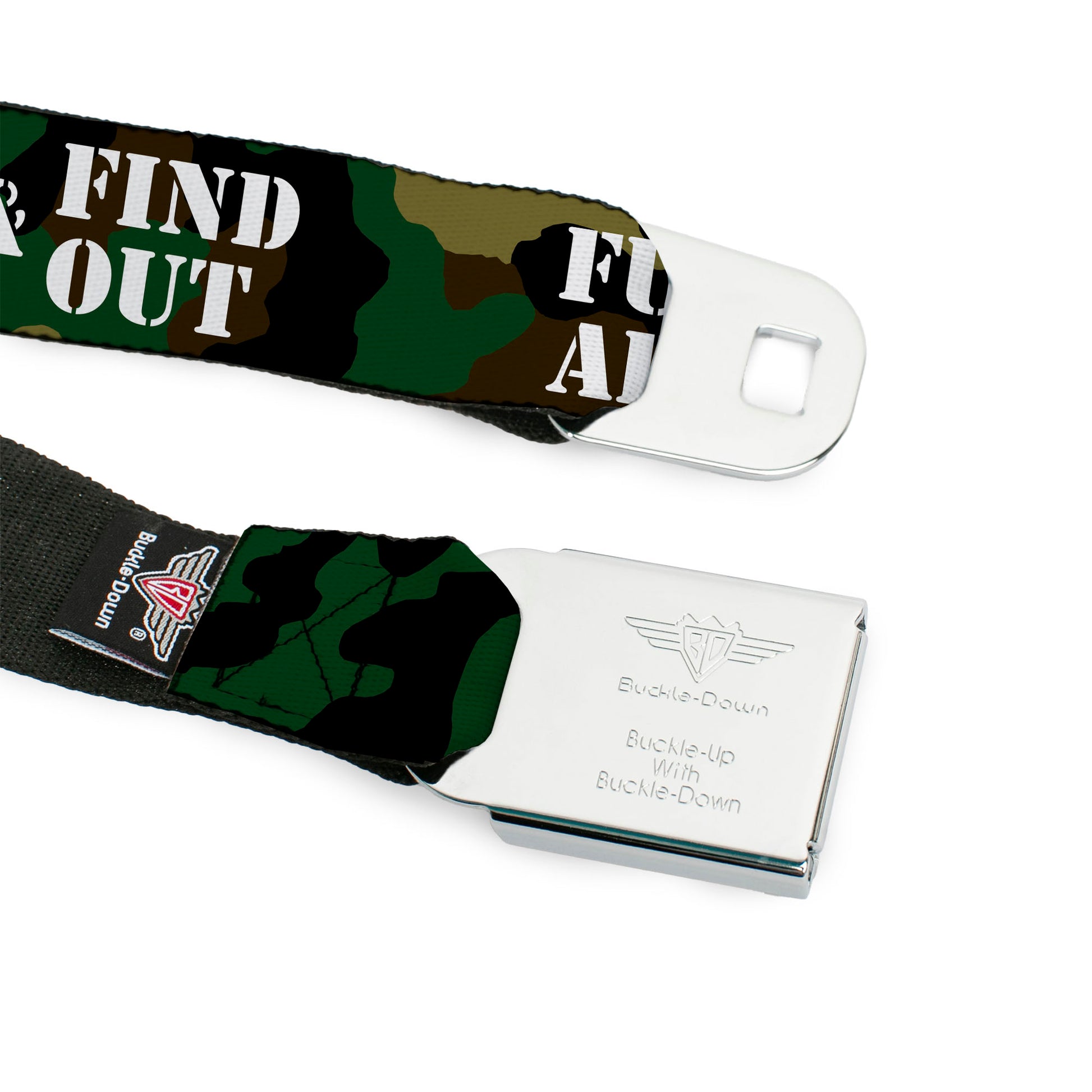 BD Wings Logo CLOSE-UP Black/Silver Seatbelt Belt - FAFO FUCK AROUND & FIND OUT Stencil Camo/White Webbing Seatbelt Belts Buckle-Down