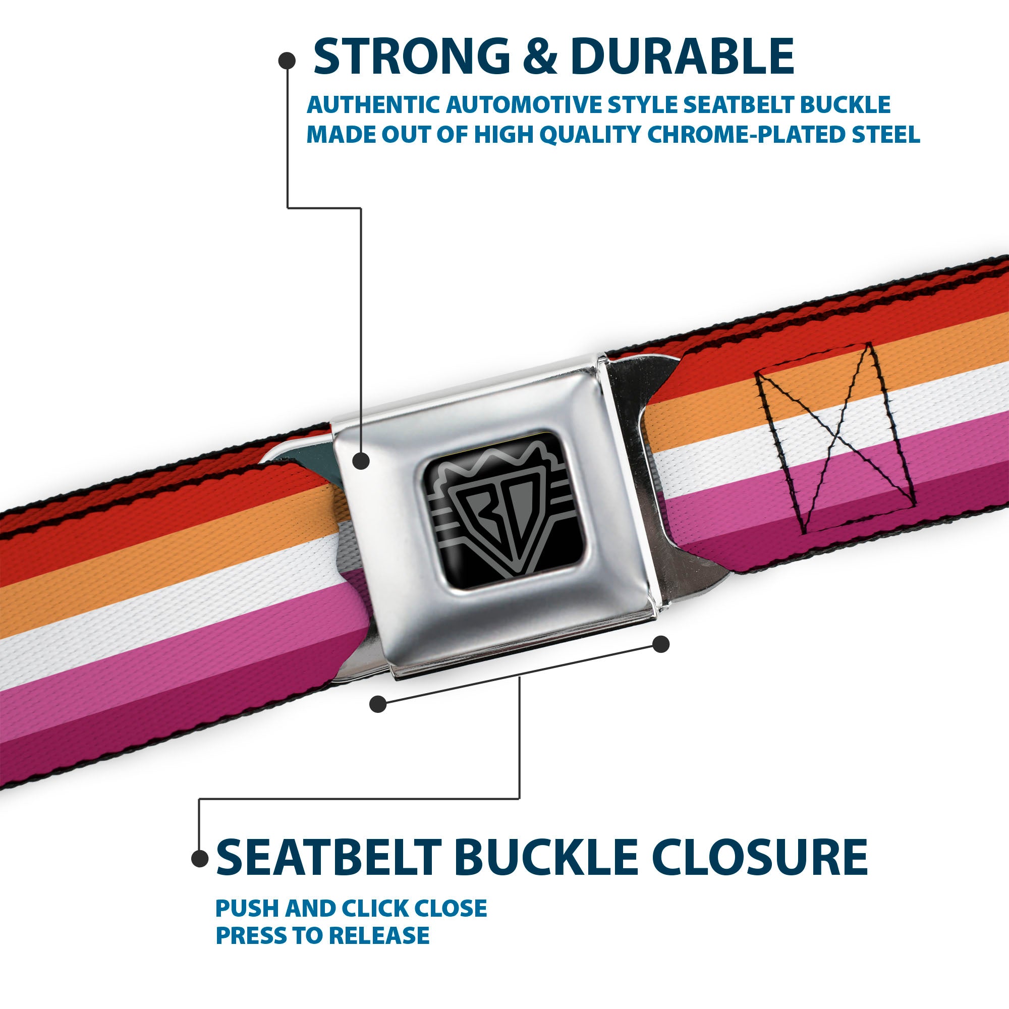 BD Wings Logo CLOSE-UP Black/Silver Seatbelt Belt - Flag Lesbian Five Stripe Oranges/White/Pinks Webbing Seatbelt Belts Buckle-Down