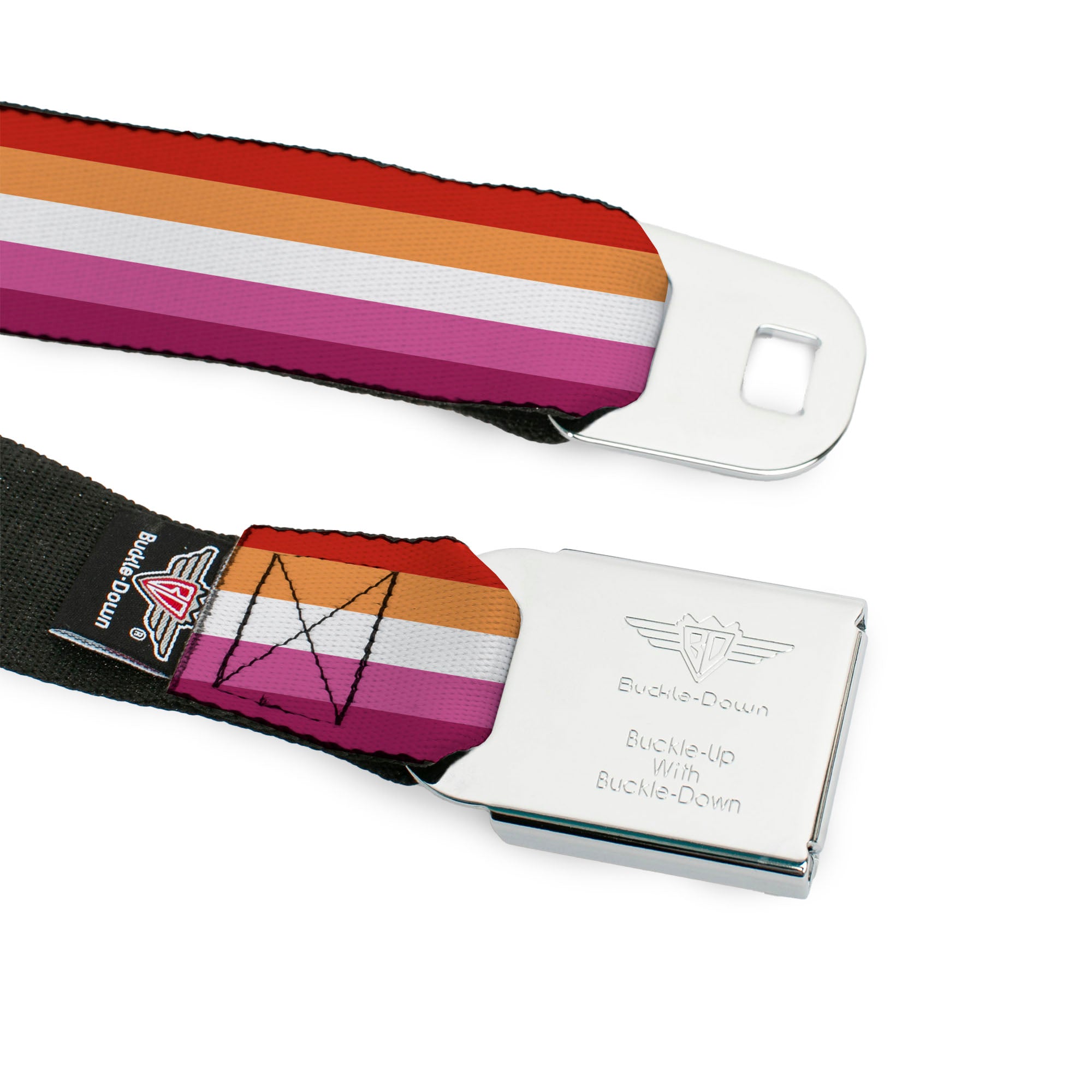 BD Wings Logo CLOSE-UP Black/Silver Seatbelt Belt - Flag Lesbian Five Stripe Oranges/White/Pinks Webbing Seatbelt Belts Buckle-Down