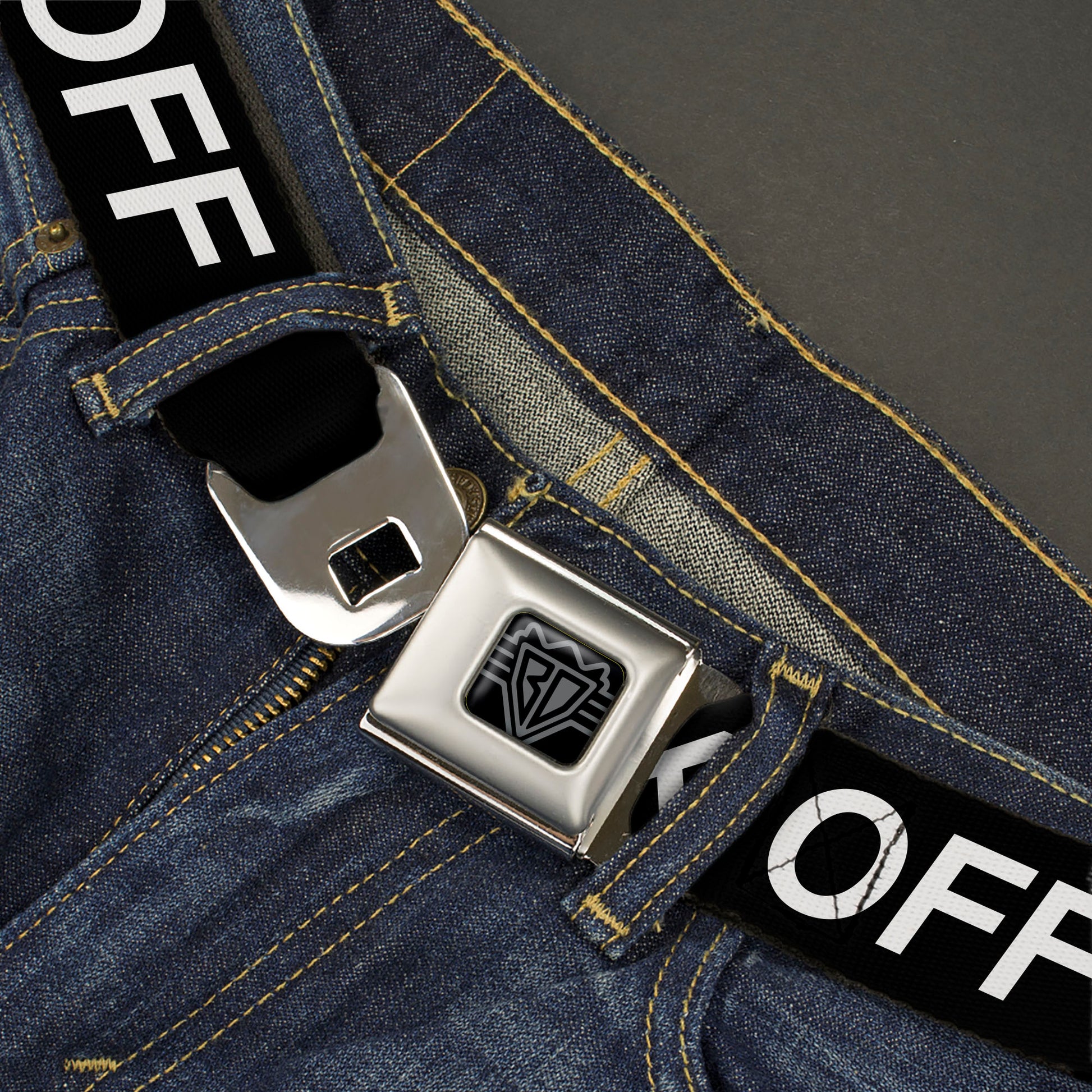 BD Wings Logo CLOSE-UP Black/Silver Seatbelt Belt - FUCK OFF Text Black/White Webbing Seatbelt Belts Buckle-Down