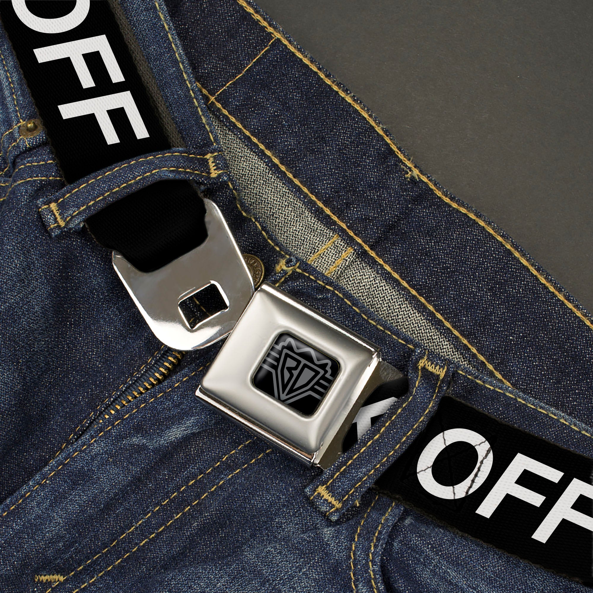 BD Wings Logo CLOSE-UP Black/Silver Seatbelt Belt - FUCK OFF Text Black/White Webbing Seatbelt Belts Buckle-Down