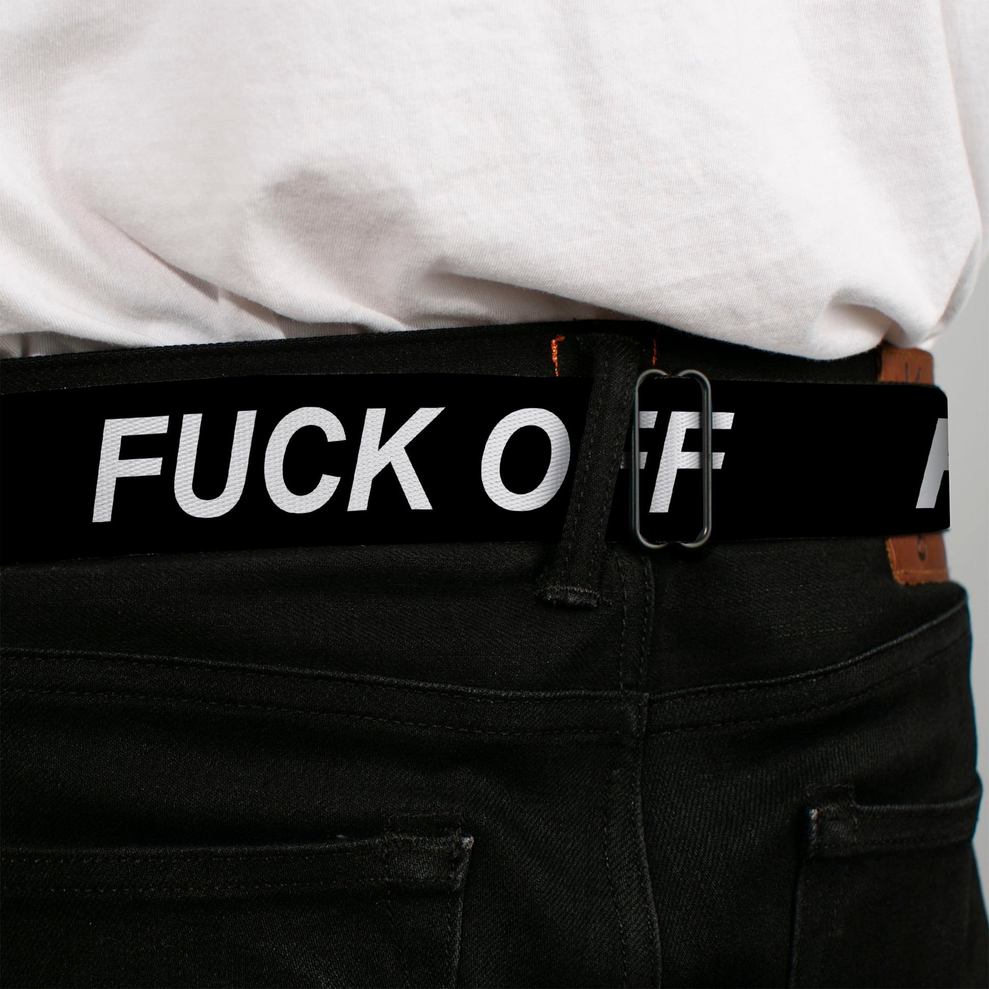 BD Wings Logo CLOSE-UP Black/Silver Seatbelt Belt - FUCK OFF Text Black/White Webbing Seatbelt Belts Buckle-Down