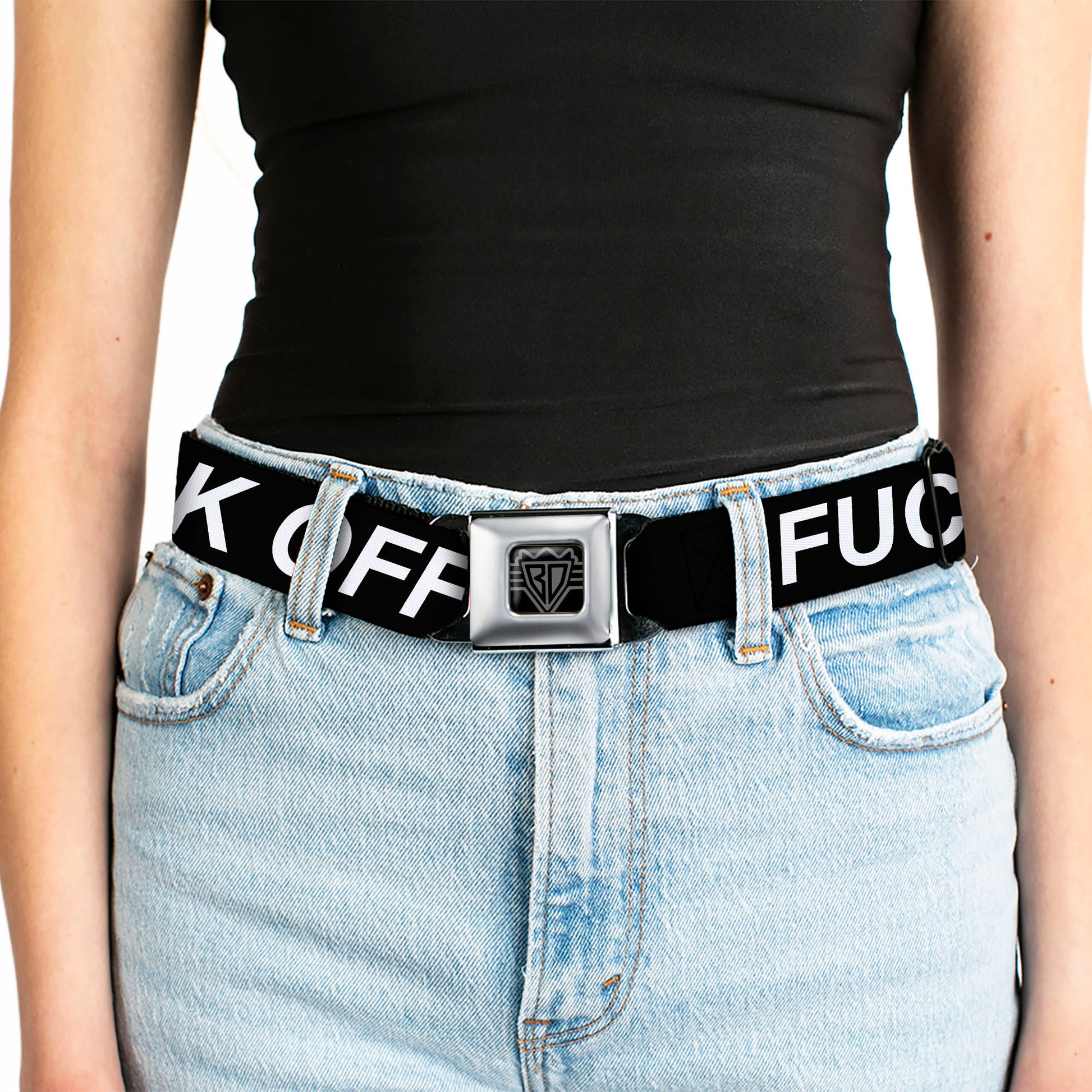BD Wings Logo CLOSE-UP Black/Silver Seatbelt Belt - FUCK OFF Text Black/White Webbing Seatbelt Belts Buckle-Down