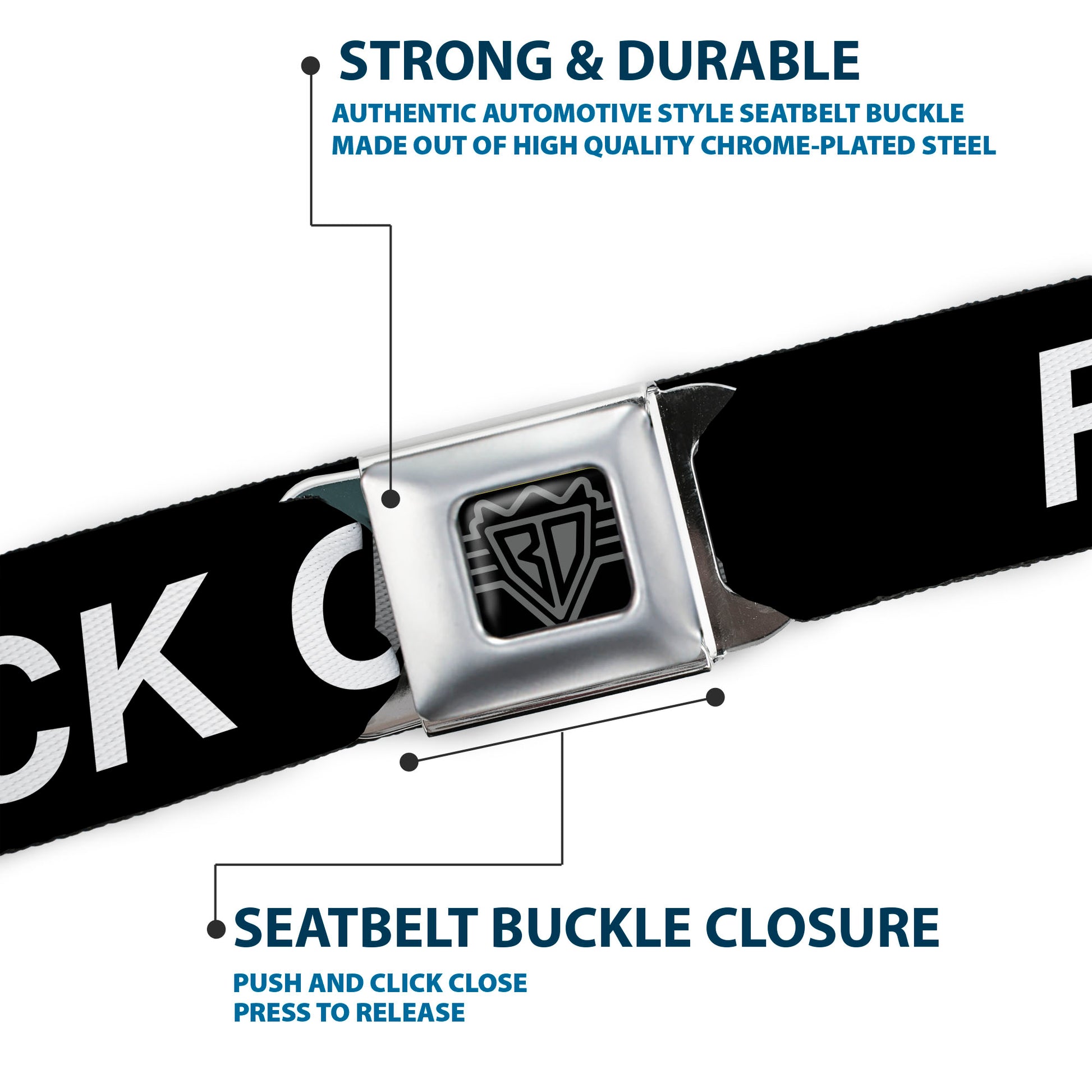 BD Wings Logo CLOSE-UP Black/Silver Seatbelt Belt - FUCK OFF Text Black/White Webbing Seatbelt Belts Buckle-Down