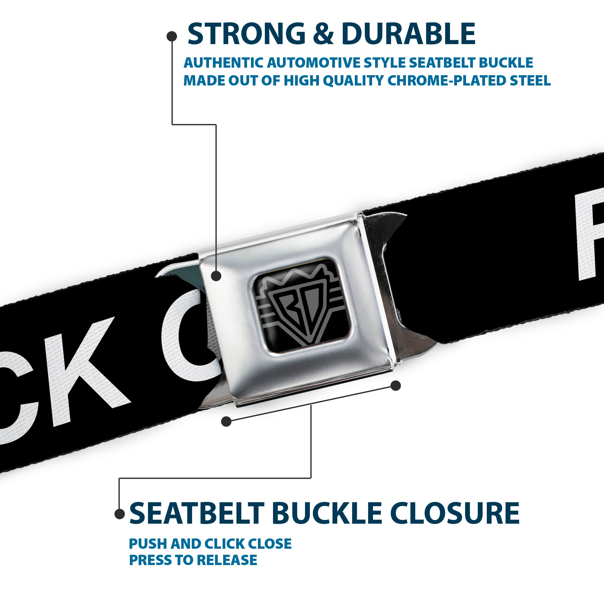 BD Wings Logo CLOSE-UP Black/Silver Seatbelt Belt - FUCK OFF Text Black/White Webbing Seatbelt Belts Buckle-Down
