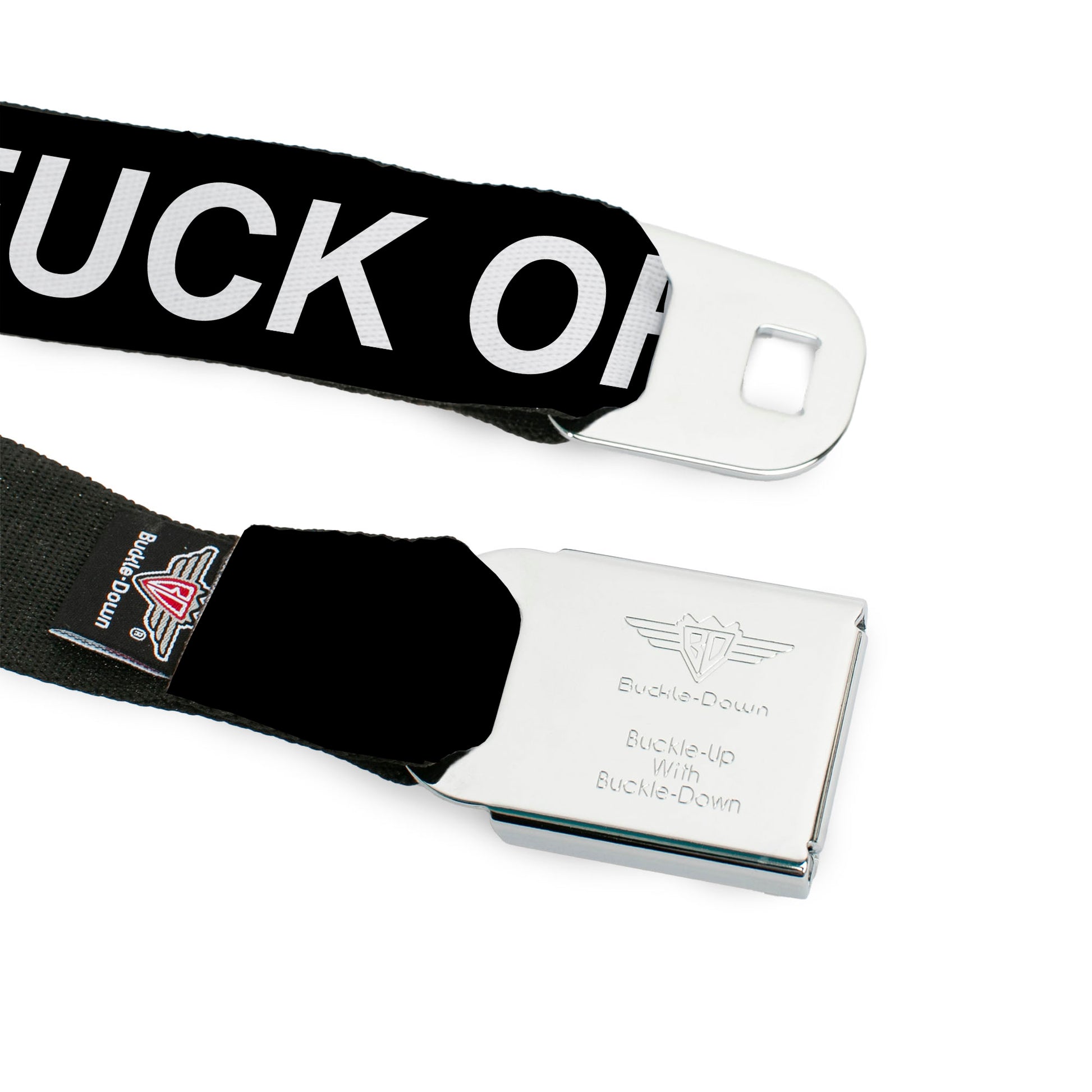 BD Wings Logo CLOSE-UP Black/Silver Seatbelt Belt - FUCK OFF Text Black/White Webbing Seatbelt Belts Buckle-Down