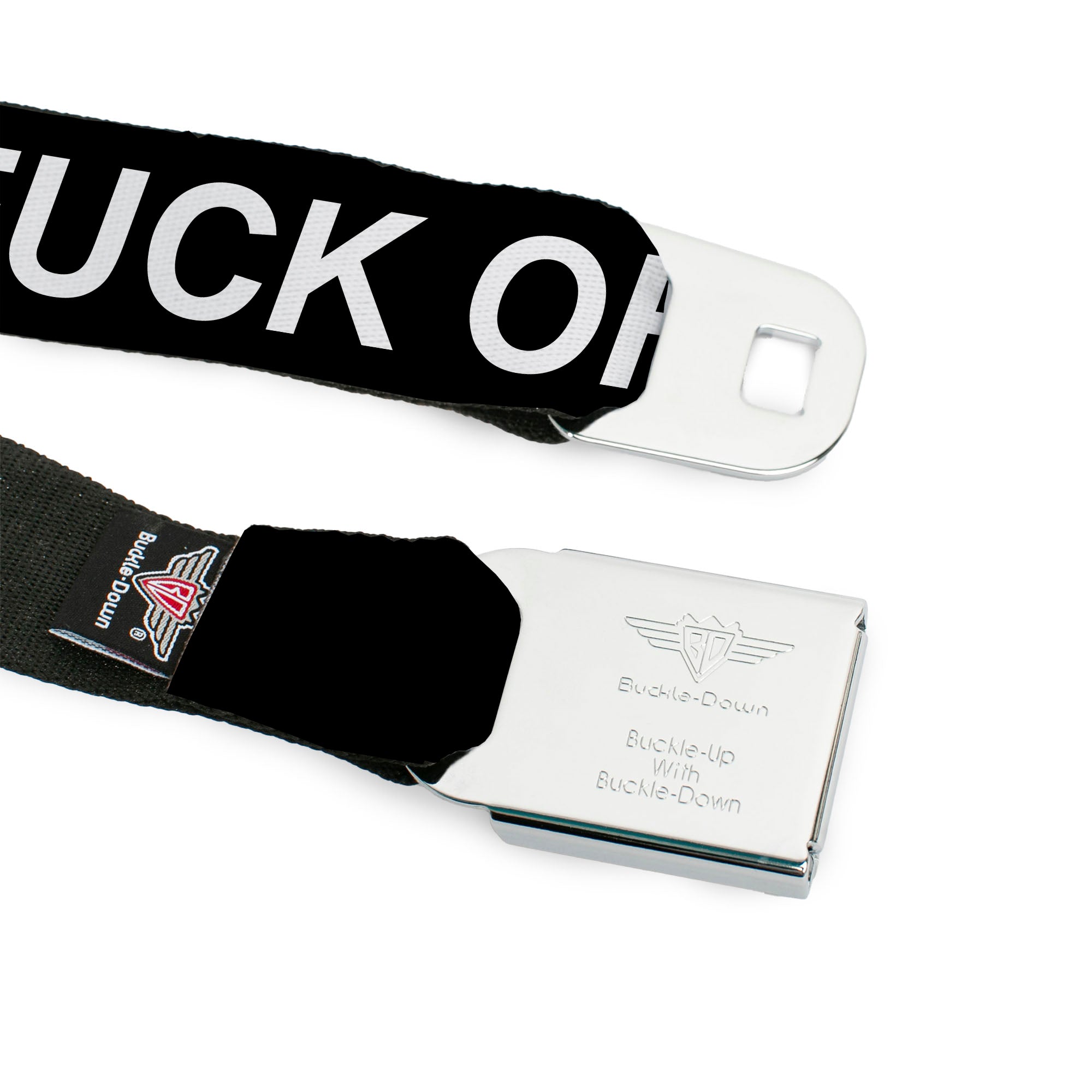 BD Wings Logo CLOSE-UP Black/Silver Seatbelt Belt - FUCK OFF Text Black/White Webbing Seatbelt Belts Buckle-Down