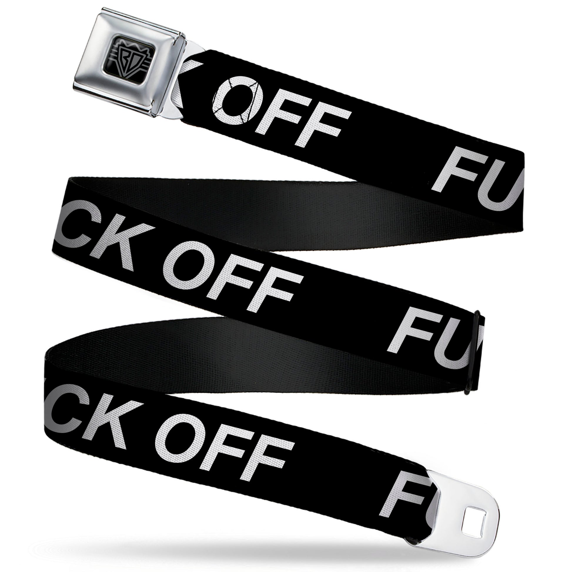 BD Wings Logo CLOSE-UP Black/Silver Seatbelt Belt - FUCK OFF Text Black/White Webbing Seatbelt Belts Buckle-Down