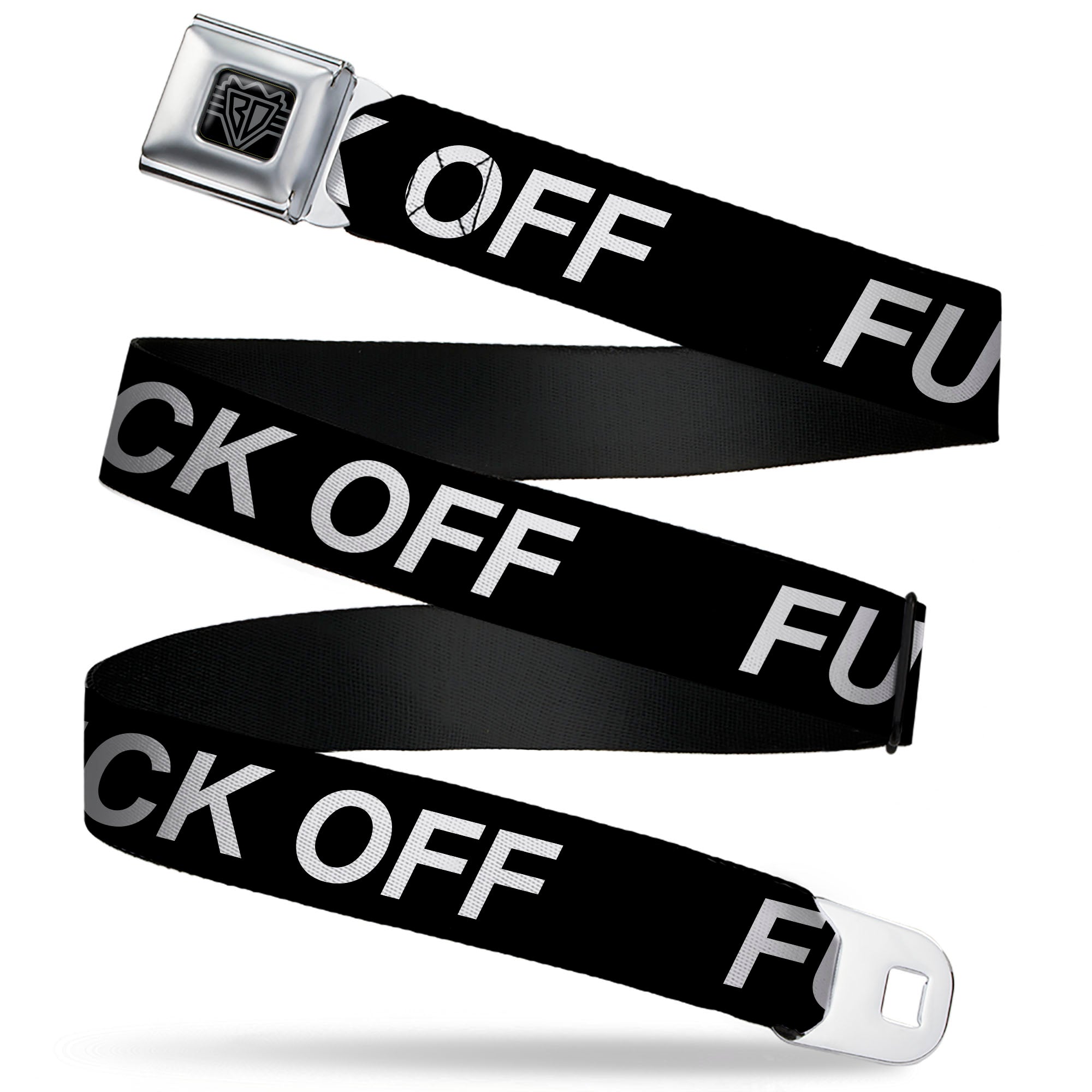 BD Wings Logo CLOSE-UP Black/Silver Seatbelt Belt - FUCK OFF Text Black/White Webbing Seatbelt Belts Buckle-Down