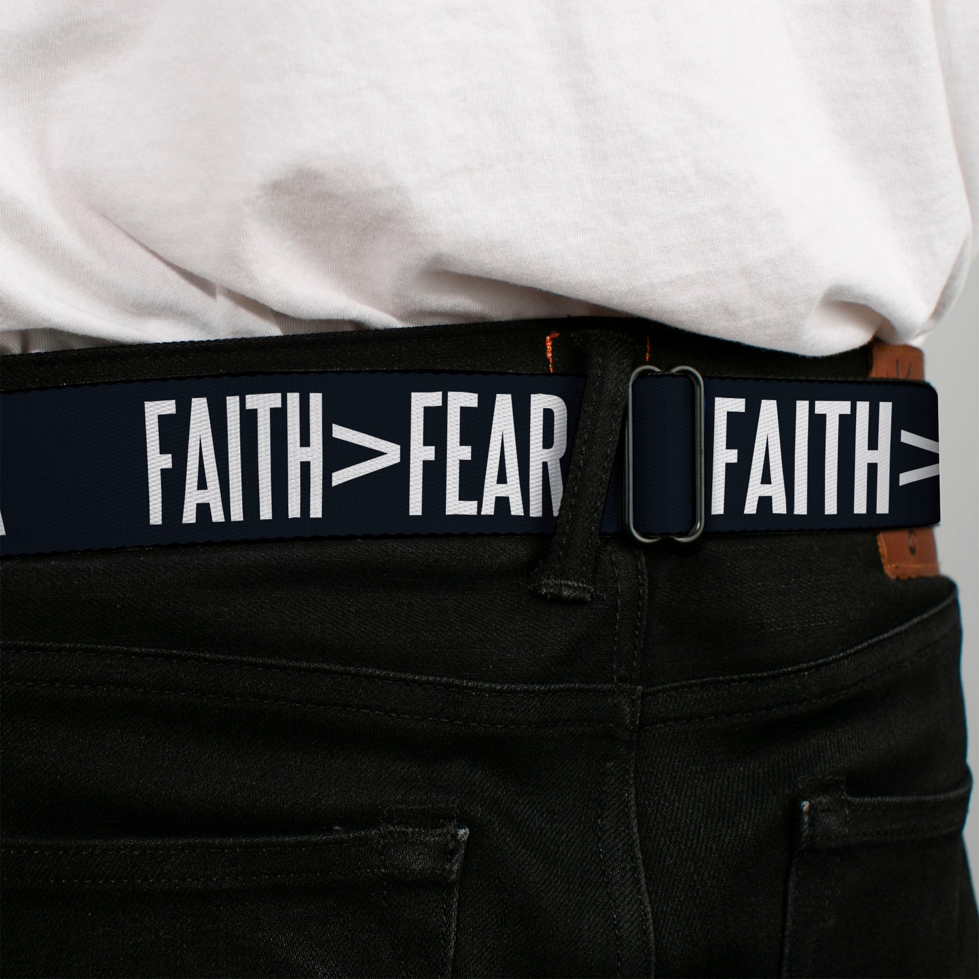 BD Wings Logo CLOSE-UP Black/Silver Seatbelt Belt - FAITH Greater Than FEAR Navy Blue/White Webbing Seatbelt Belts Buckle-Down
