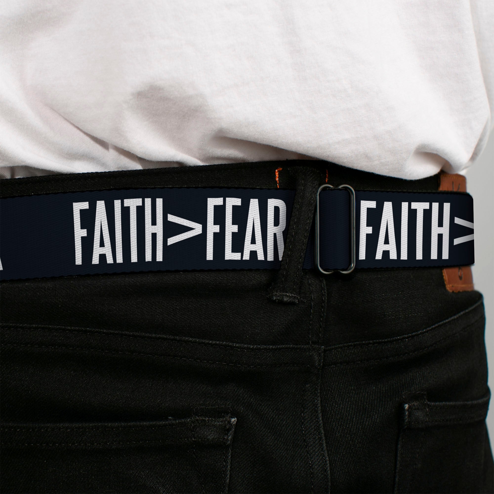 BD Wings Logo CLOSE-UP Black/Silver Seatbelt Belt - FAITH Greater Than FEAR Navy Blue/White Webbing Seatbelt Belts Buckle-Down