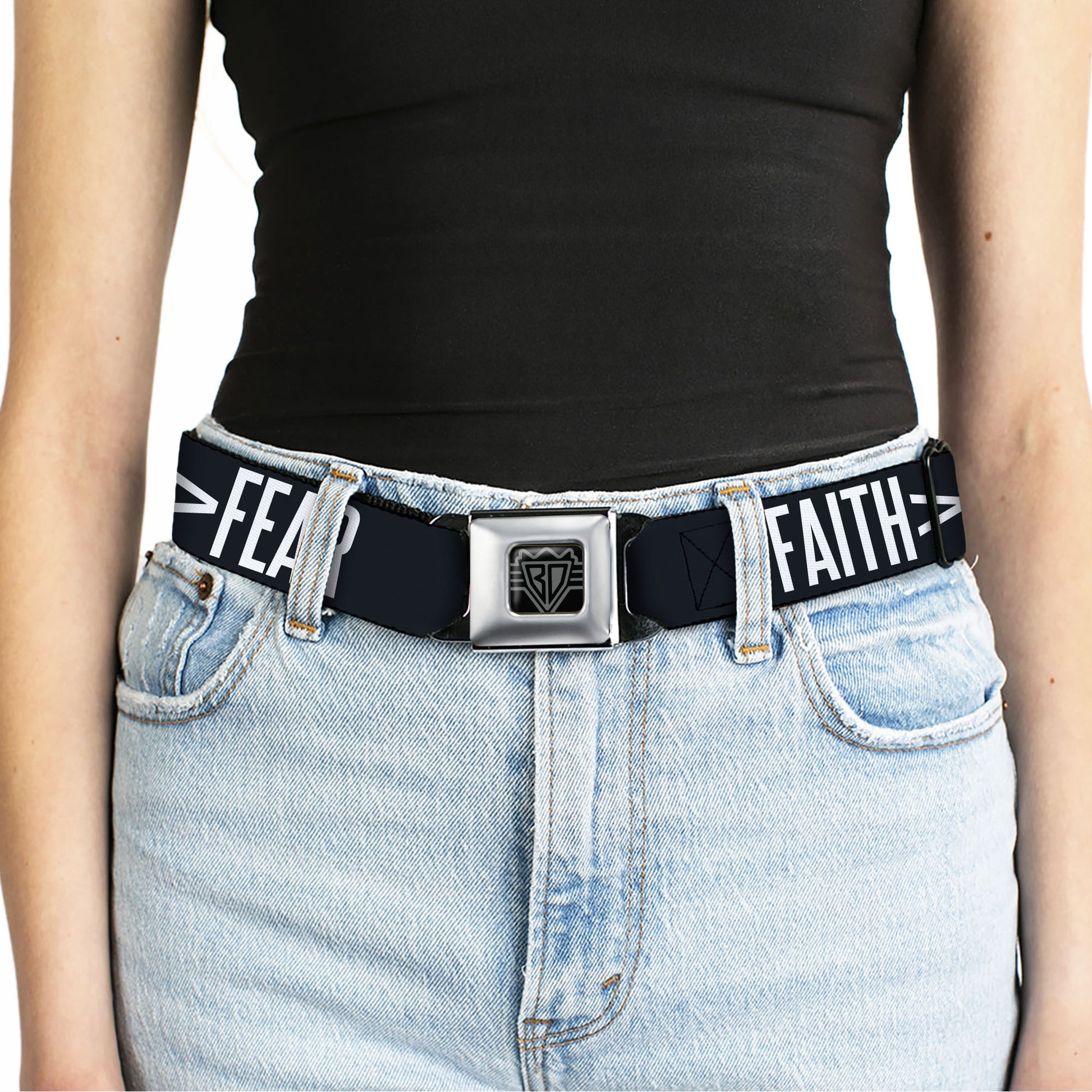 BD Wings Logo CLOSE-UP Black/Silver Seatbelt Belt - FAITH Greater Than FEAR Navy Blue/White Webbing Seatbelt Belts Buckle-Down