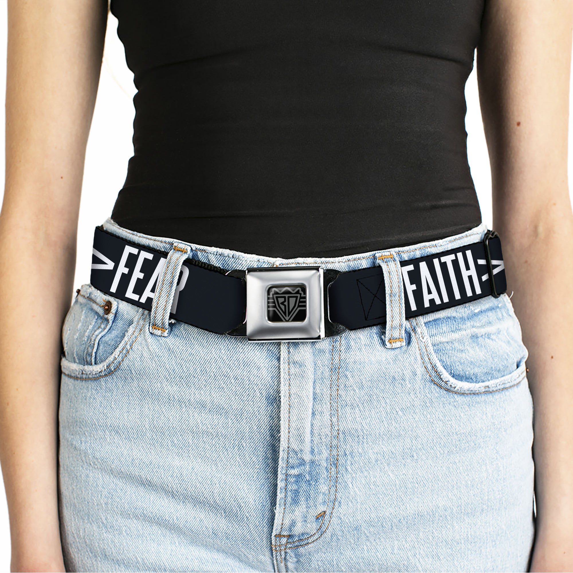 BD Wings Logo CLOSE-UP Black/Silver Seatbelt Belt - FAITH Greater Than FEAR Navy Blue/White Webbing Seatbelt Belts Buckle-Down