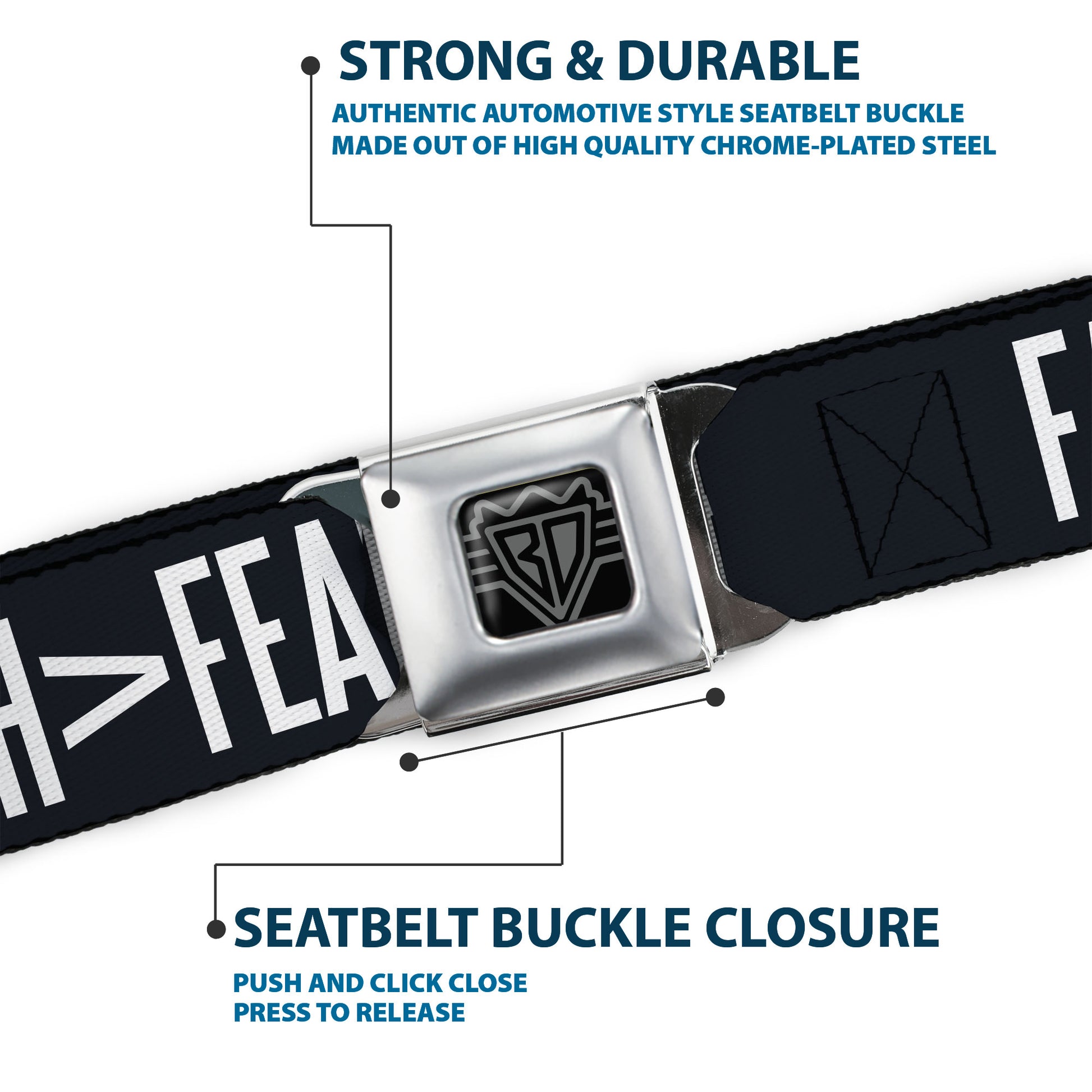 BD Wings Logo CLOSE-UP Black/Silver Seatbelt Belt - FAITH Greater Than FEAR Navy Blue/White Webbing Seatbelt Belts Buckle-Down