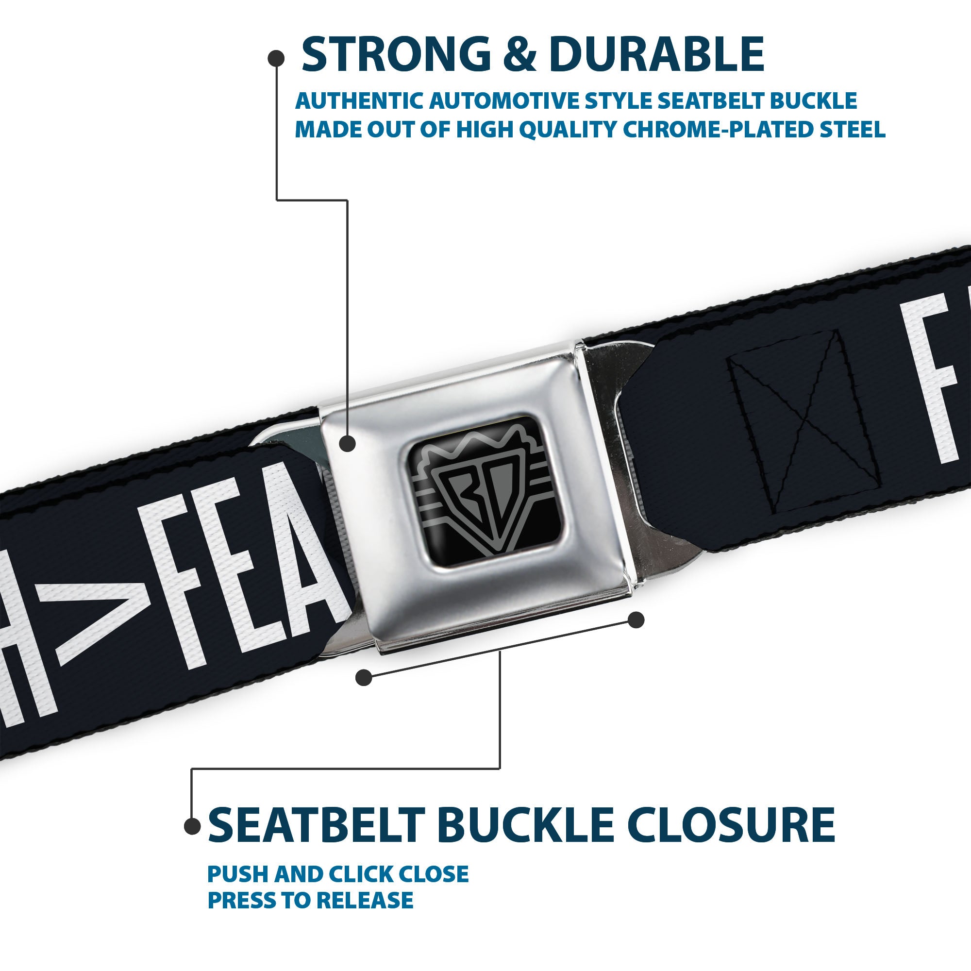 BD Wings Logo CLOSE-UP Black/Silver Seatbelt Belt - FAITH Greater Than FEAR Navy Blue/White Webbing Seatbelt Belts Buckle-Down