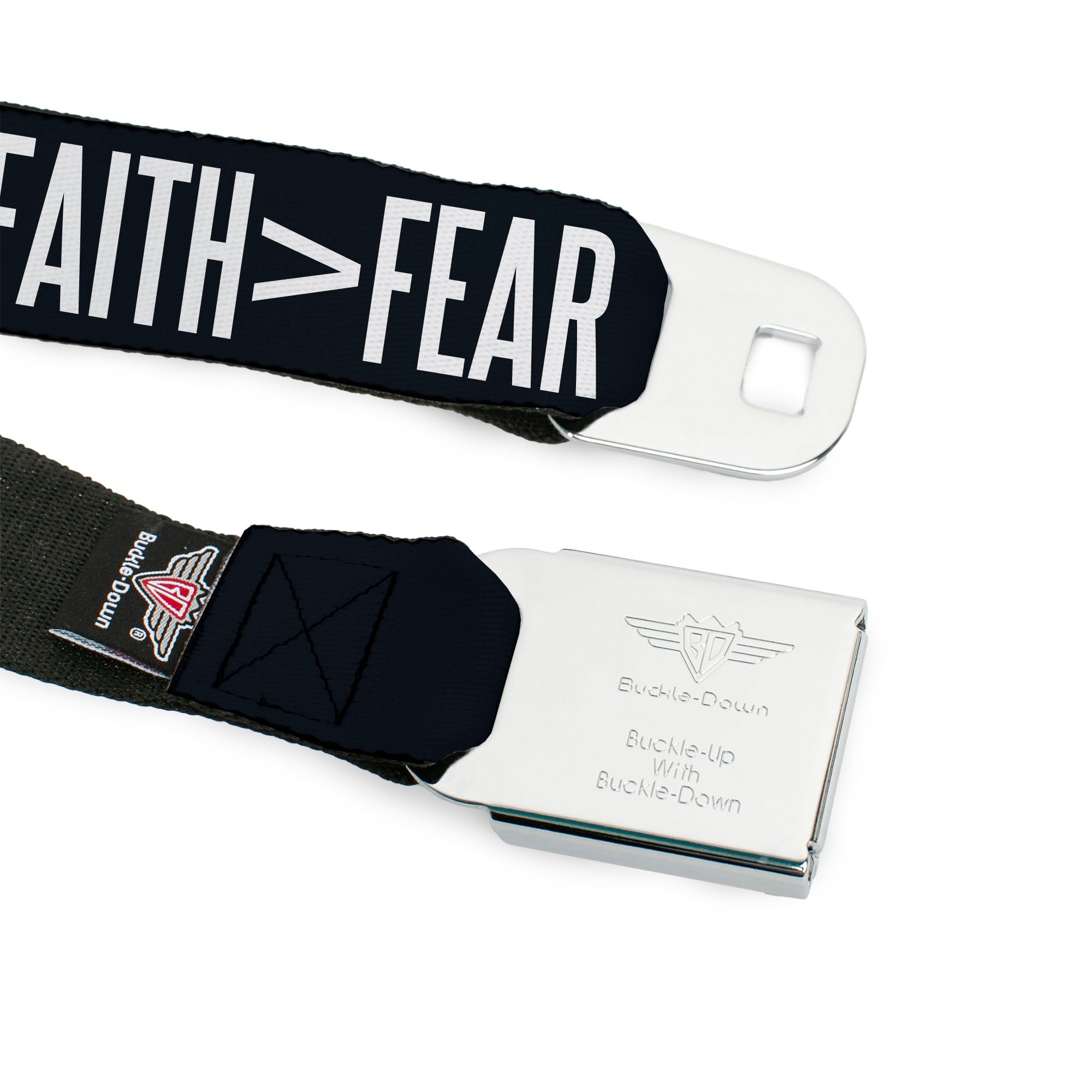 BD Wings Logo CLOSE-UP Black/Silver Seatbelt Belt - FAITH Greater Than FEAR Navy Blue/White Webbing Seatbelt Belts Buckle-Down