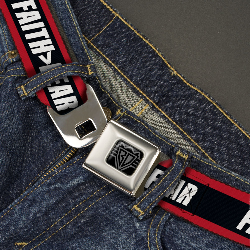 BD Wings Logo CLOSE-UP Black/Silver Seatbelt Belt - FAITH Greater Than FEAR Stripe Red/Black/White Webbing Seatbelt Belts Buckle-Down