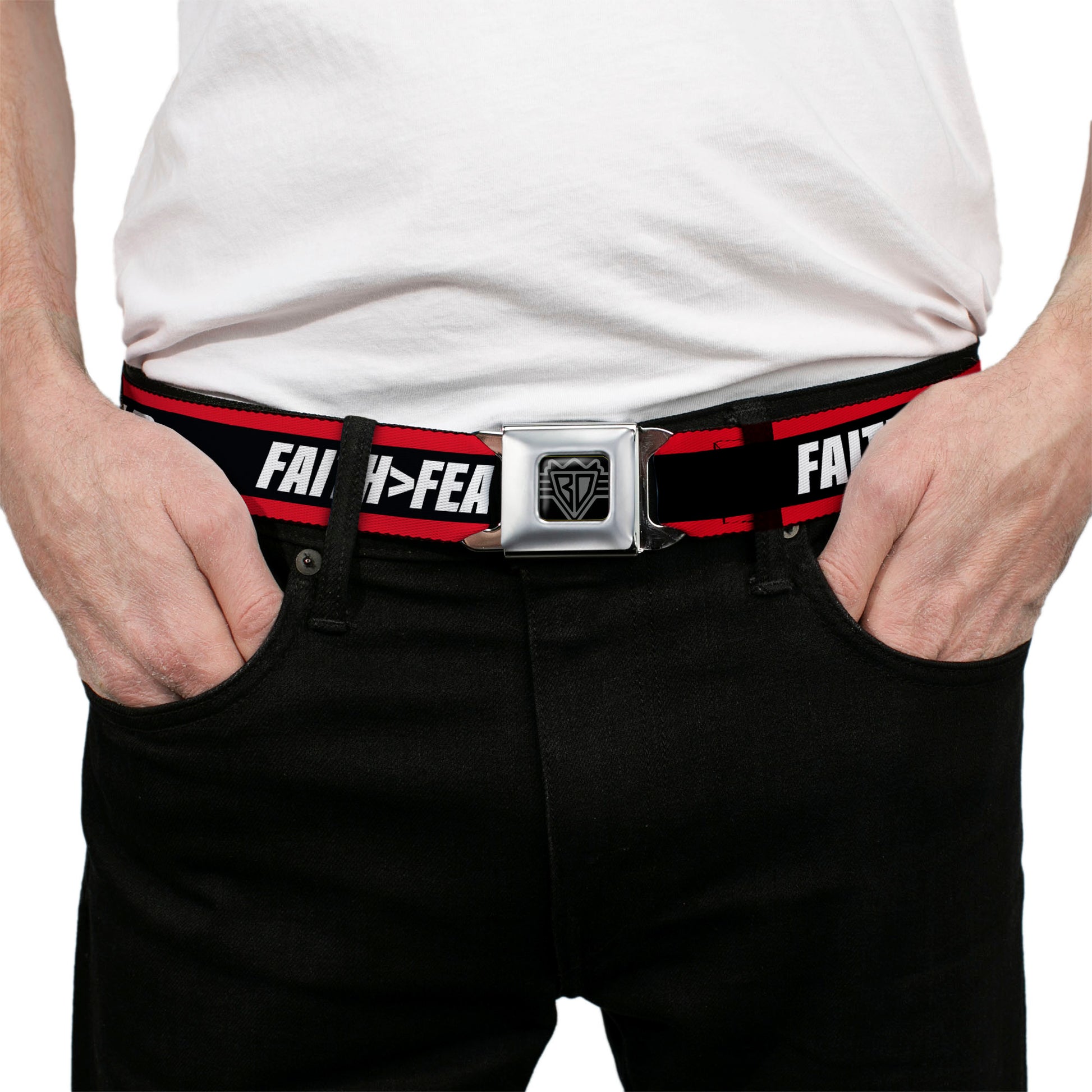 BD Wings Logo CLOSE-UP Black/Silver Seatbelt Belt - FAITH Greater Than FEAR Stripe Red/Black/White Webbing Seatbelt Belts Buckle-Down