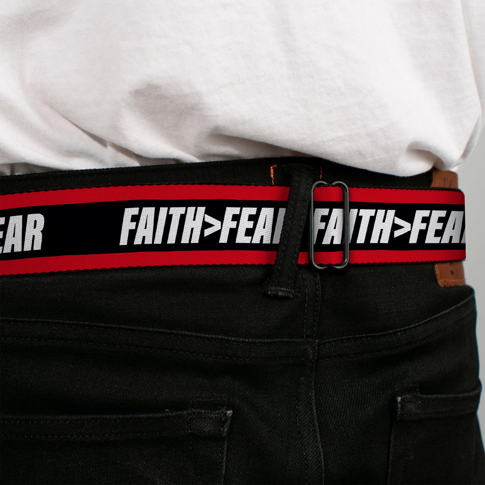 BD Wings Logo CLOSE-UP Black/Silver Seatbelt Belt - FAITH Greater Than FEAR Stripe Red/Black/White Webbing Seatbelt Belts Buckle-Down