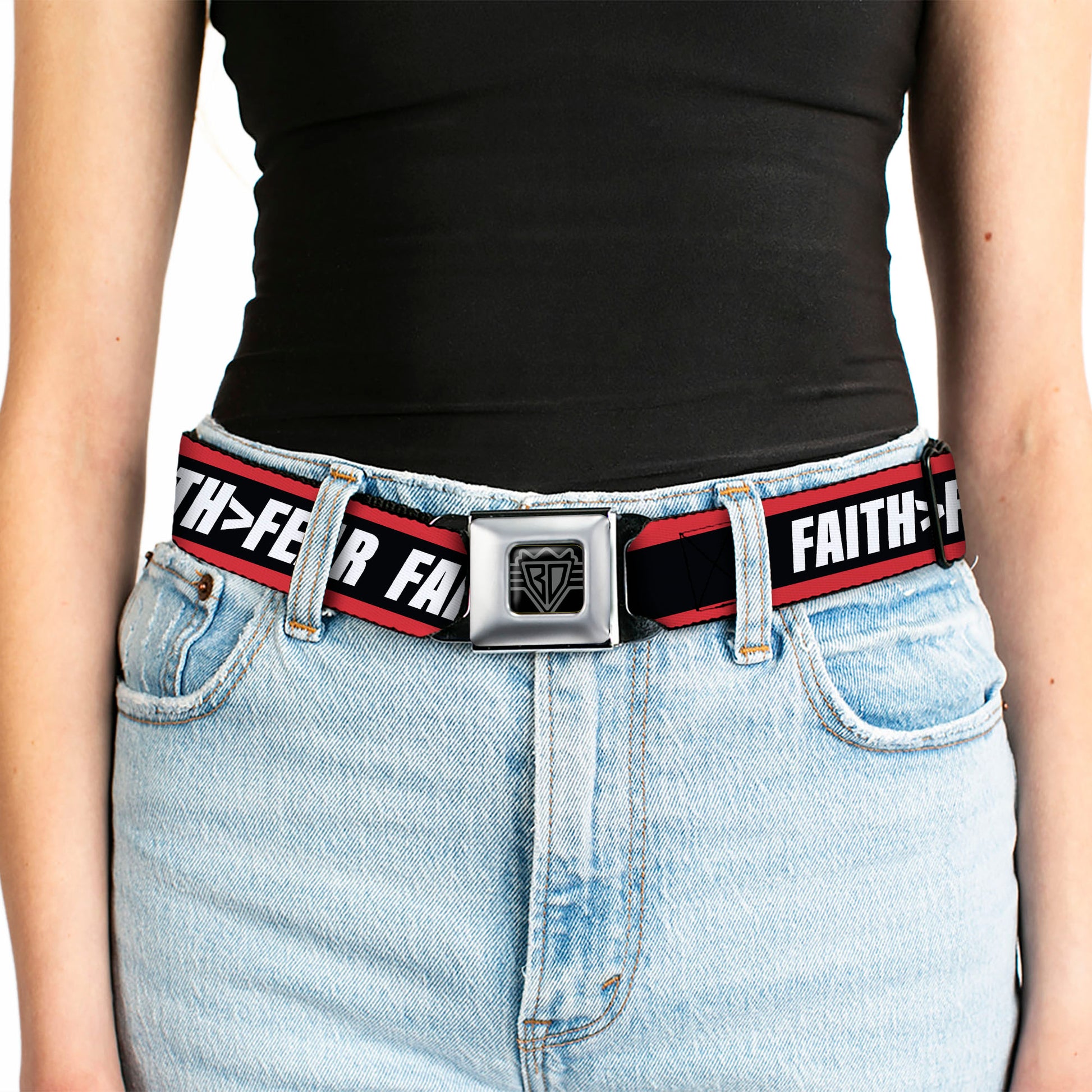 BD Wings Logo CLOSE-UP Black/Silver Seatbelt Belt - FAITH Greater Than FEAR Stripe Red/Black/White Webbing Seatbelt Belts Buckle-Down