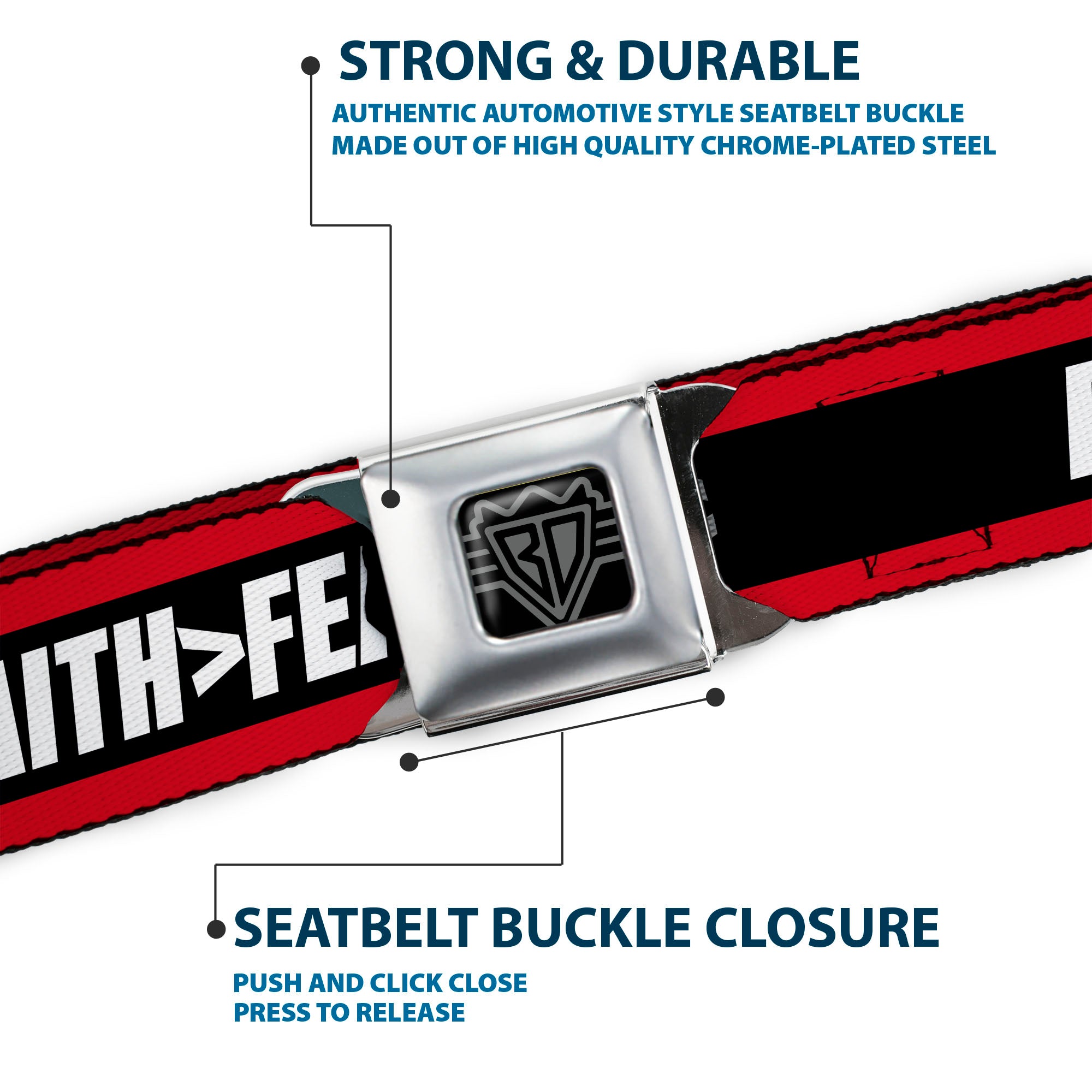 BD Wings Logo CLOSE-UP Black/Silver Seatbelt Belt - FAITH Greater Than FEAR Stripe Red/Black/White Webbing Seatbelt Belts Buckle-Down