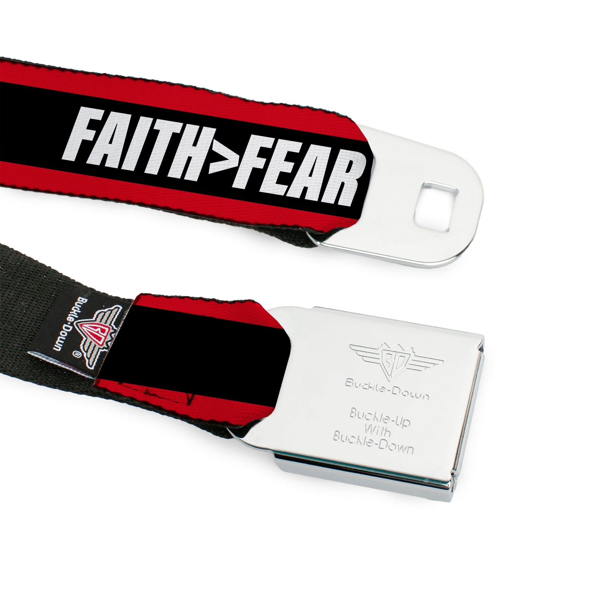 BD Wings Logo CLOSE-UP Black/Silver Seatbelt Belt - FAITH Greater Than FEAR Stripe Red/Black/White Webbing Seatbelt Belts Buckle-Down
