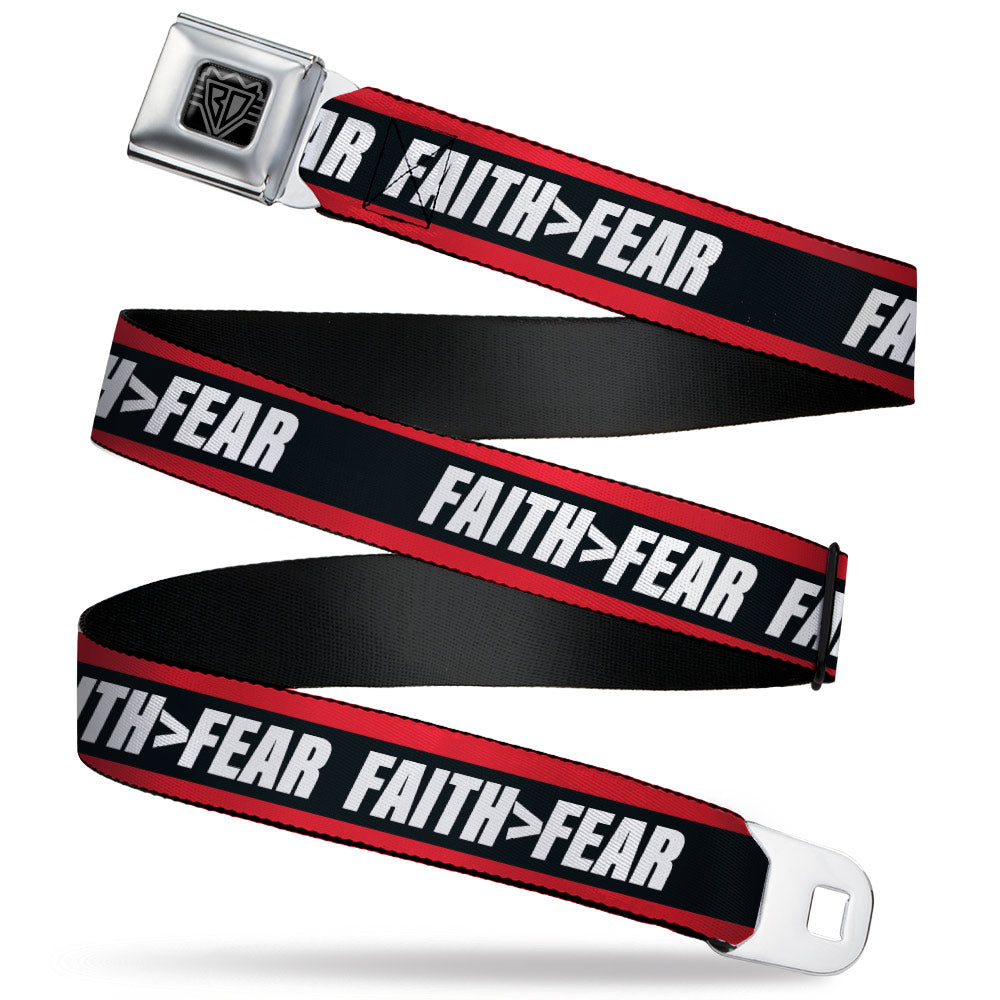 BD Wings Logo CLOSE-UP Black/Silver Seatbelt Belt - FAITH Greater Than FEAR Stripe Red/Black/White Webbing Seatbelt Belts Buckle-Down
