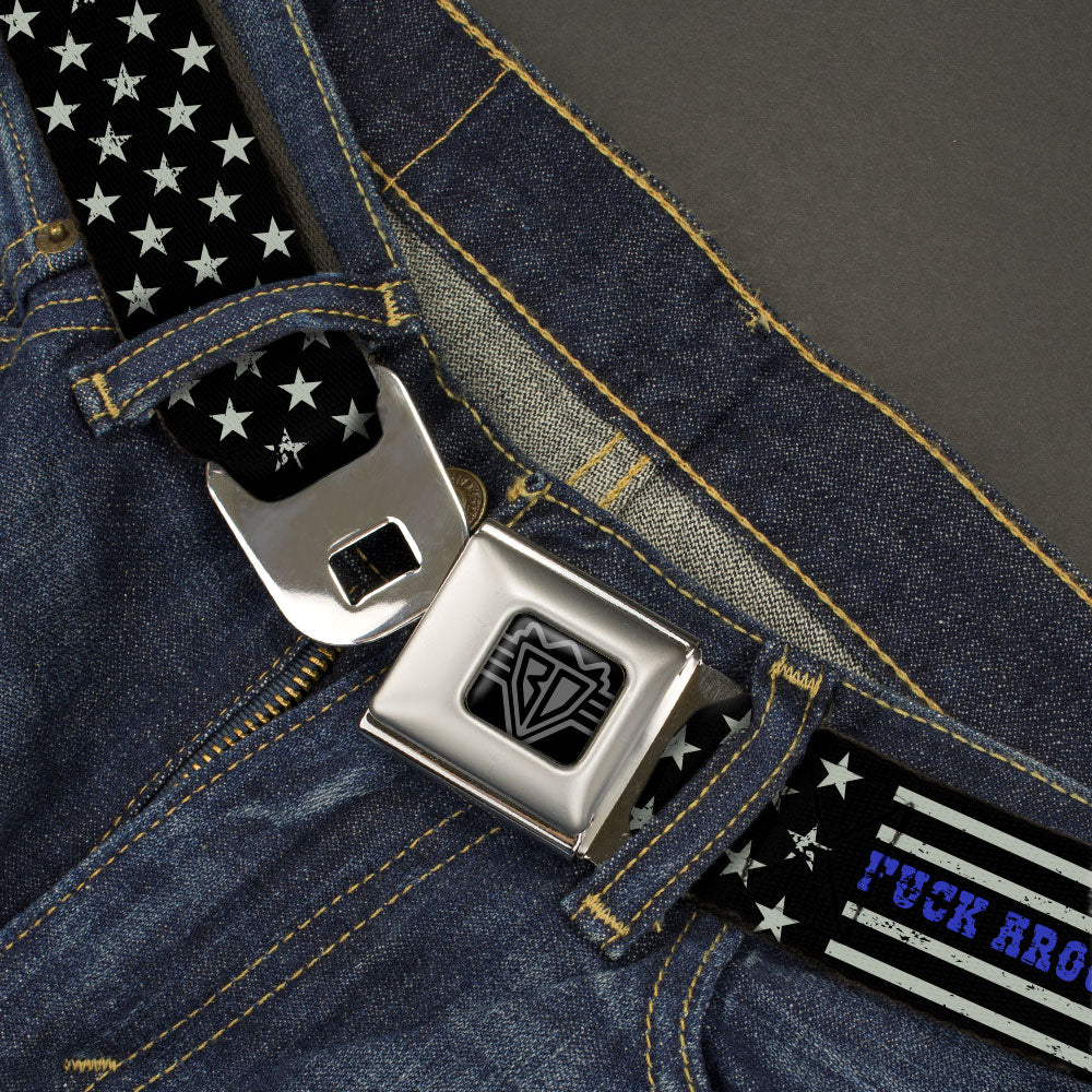 BD Wings Logo CLOSE-UP Black/Silver Seatbelt Belt - FAFO FUCK AROUND AND FIND OUT Thin Blue Line Flag Webbing Seatbelt Belts Buckle-Down
