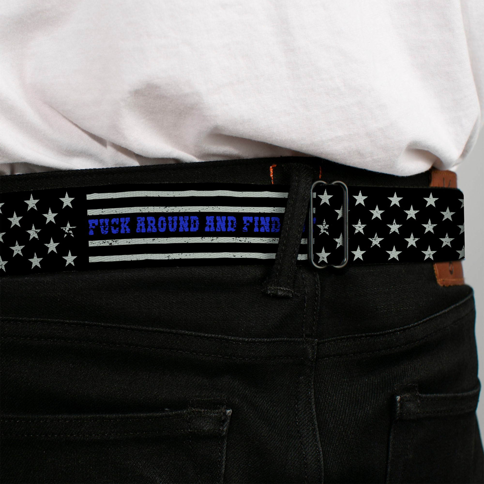 BD Wings Logo CLOSE-UP Black/Silver Seatbelt Belt - FAFO FUCK AROUND AND FIND OUT Thin Blue Line Flag Webbing Seatbelt Belts Buckle-Down
