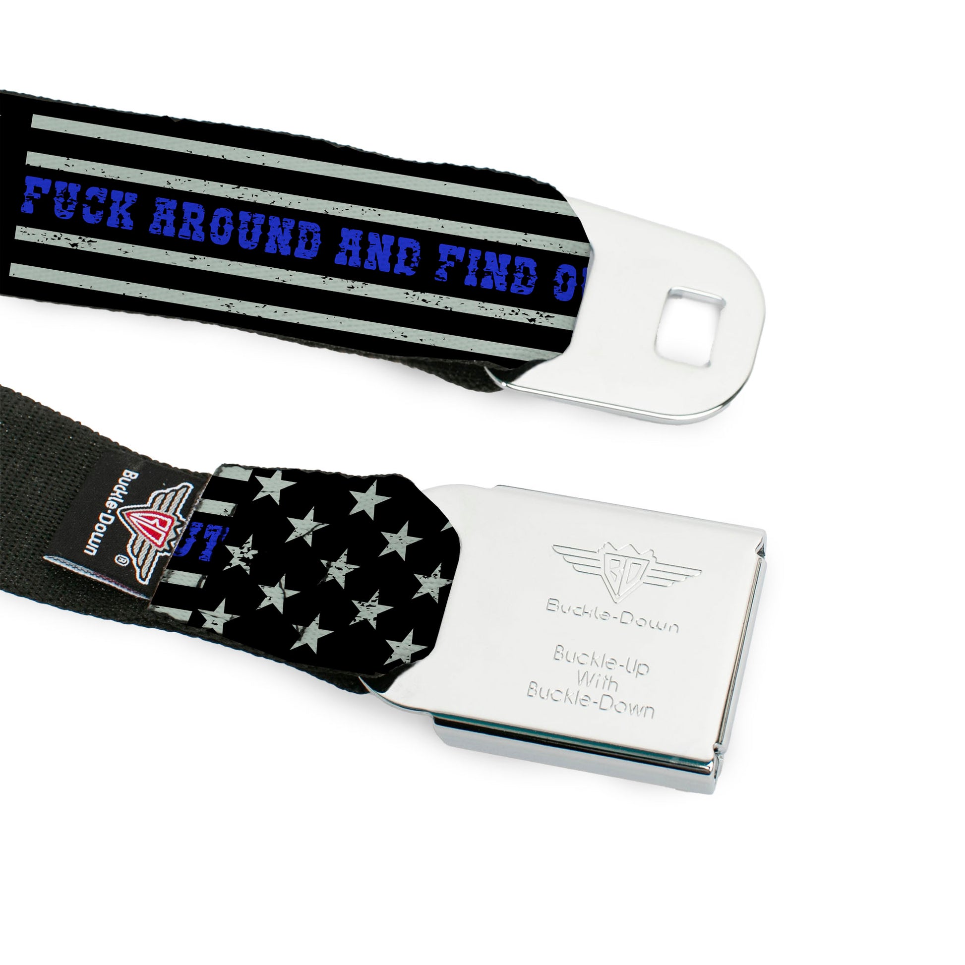 BD Wings Logo CLOSE-UP Black/Silver Seatbelt Belt - FAFO FUCK AROUND AND FIND OUT Thin Blue Line Flag Webbing Seatbelt Belts Buckle-Down