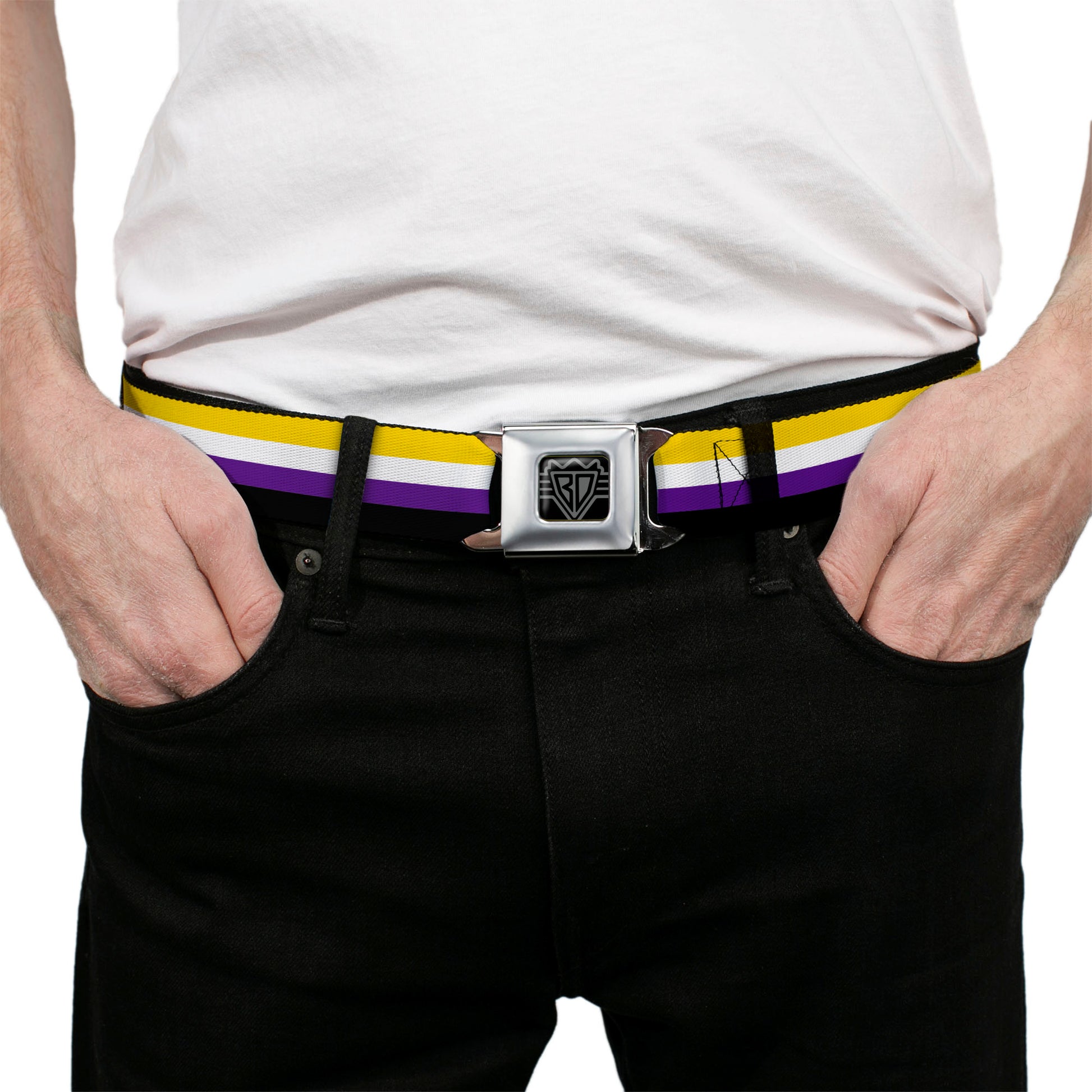 BD Wings Logo CLOSE-UP Black/Silver Seatbelt Belt - Flag Non-Binary Stripe Webbing Seatbelt Belts Buckle-Down