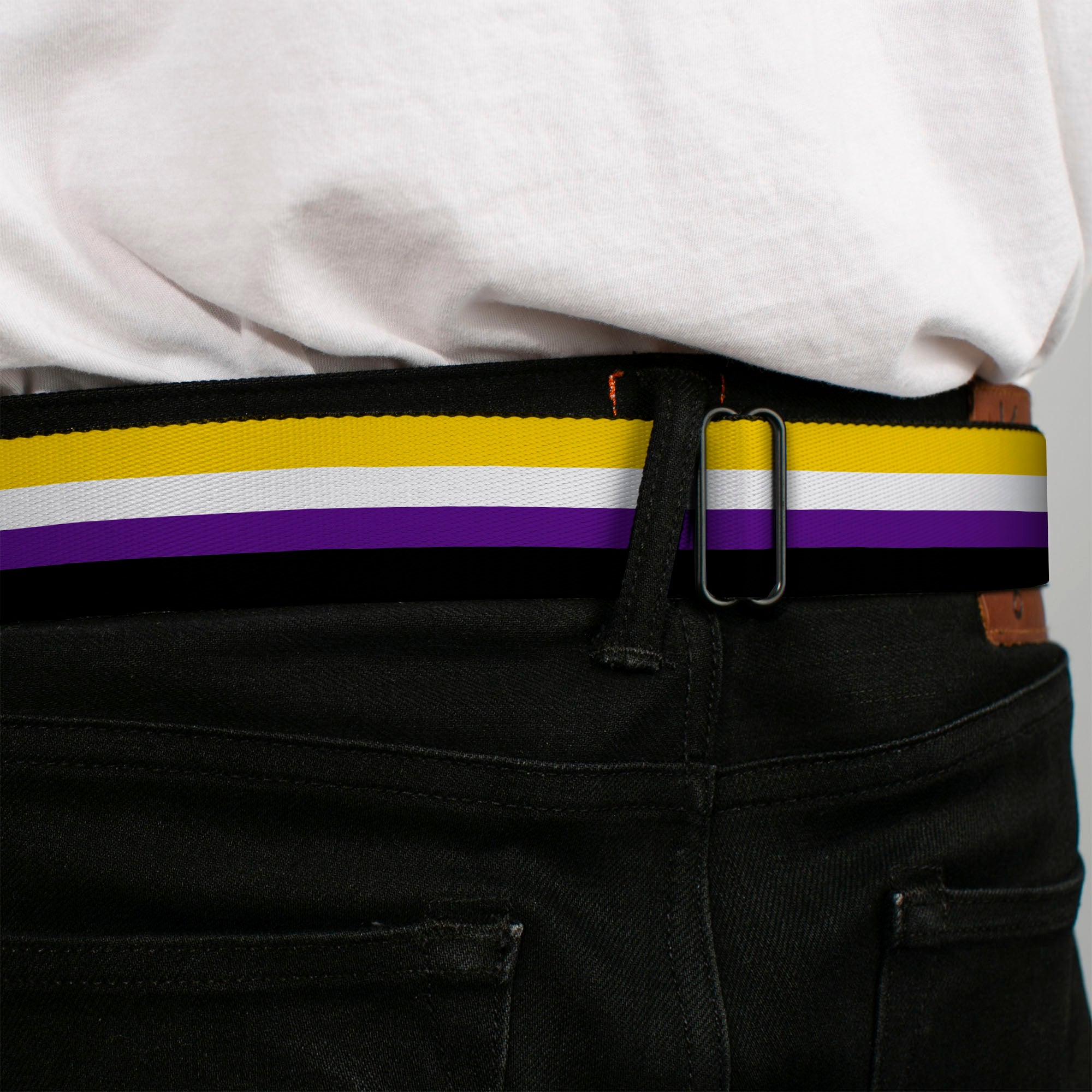 BD Wings Logo CLOSE-UP Black/Silver Seatbelt Belt - Flag Non-Binary Stripe Webbing Seatbelt Belts Buckle-Down