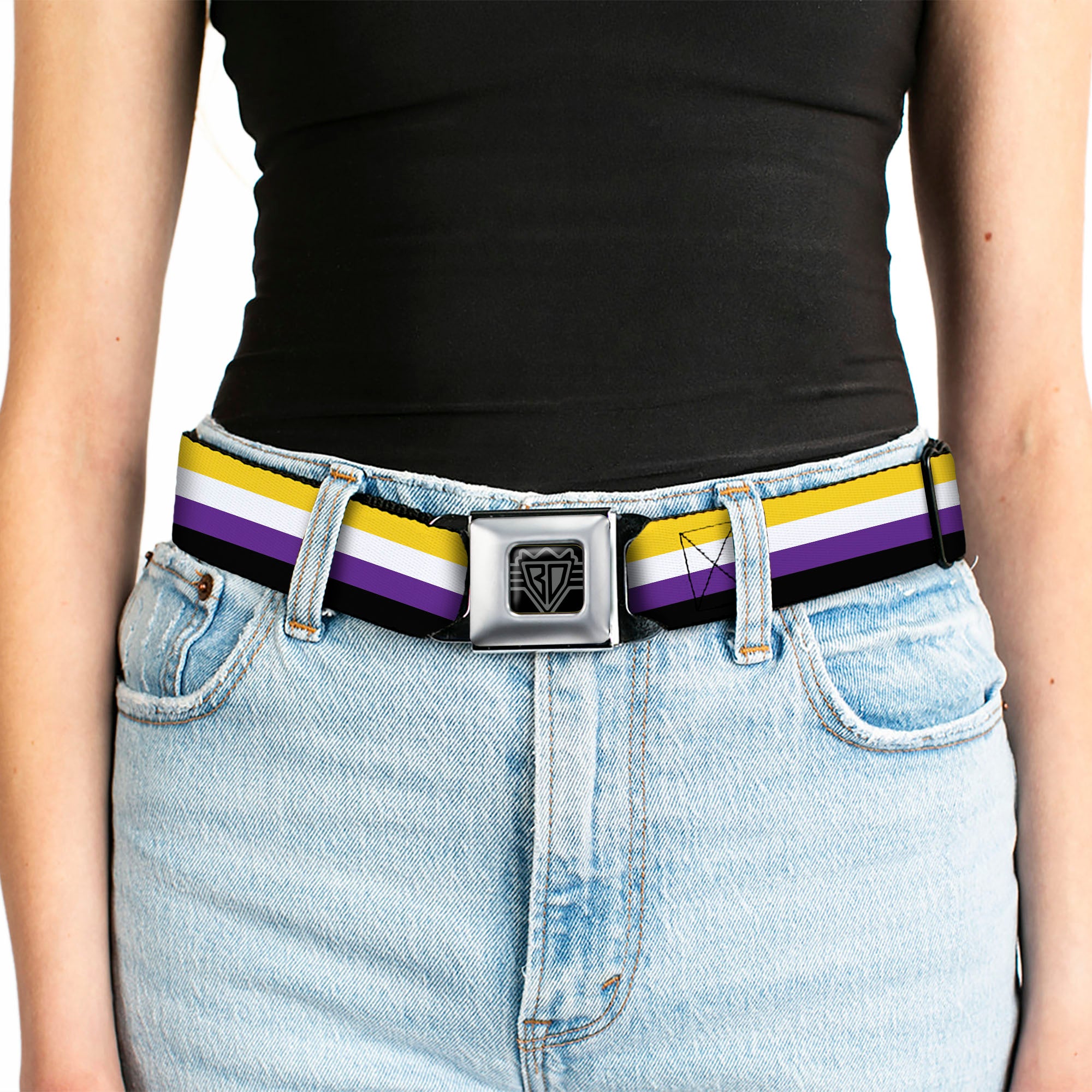 BD Wings Logo CLOSE-UP Black/Silver Seatbelt Belt - Flag Non-Binary Stripe Webbing Seatbelt Belts Buckle-Down