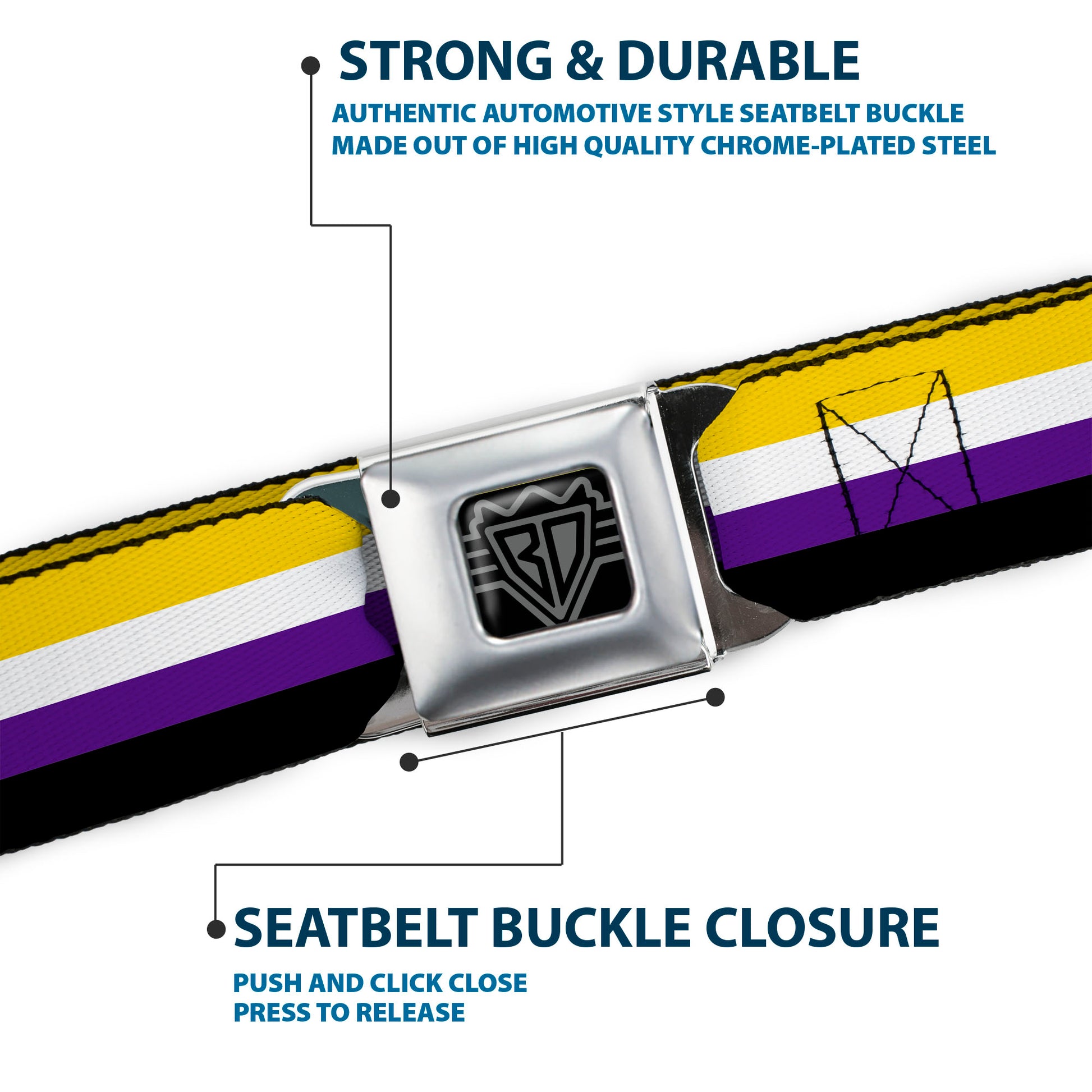 BD Wings Logo CLOSE-UP Black/Silver Seatbelt Belt - Flag Non-Binary Stripe Webbing Seatbelt Belts Buckle-Down