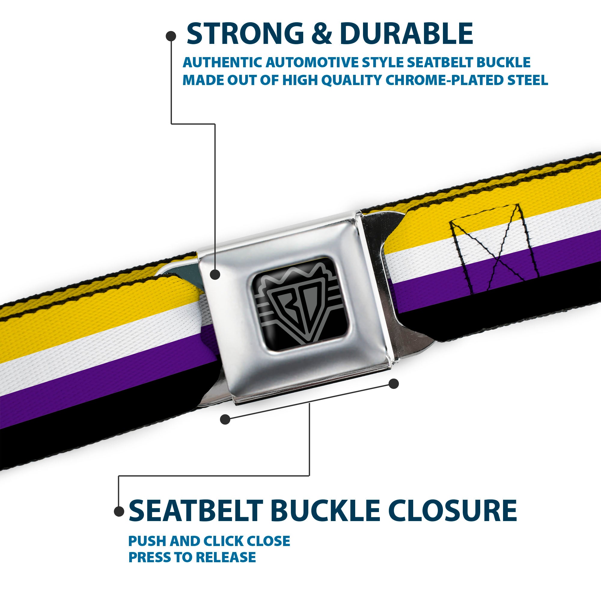 BD Wings Logo CLOSE-UP Black/Silver Seatbelt Belt - Flag Non-Binary Stripe Webbing Seatbelt Belts Buckle-Down