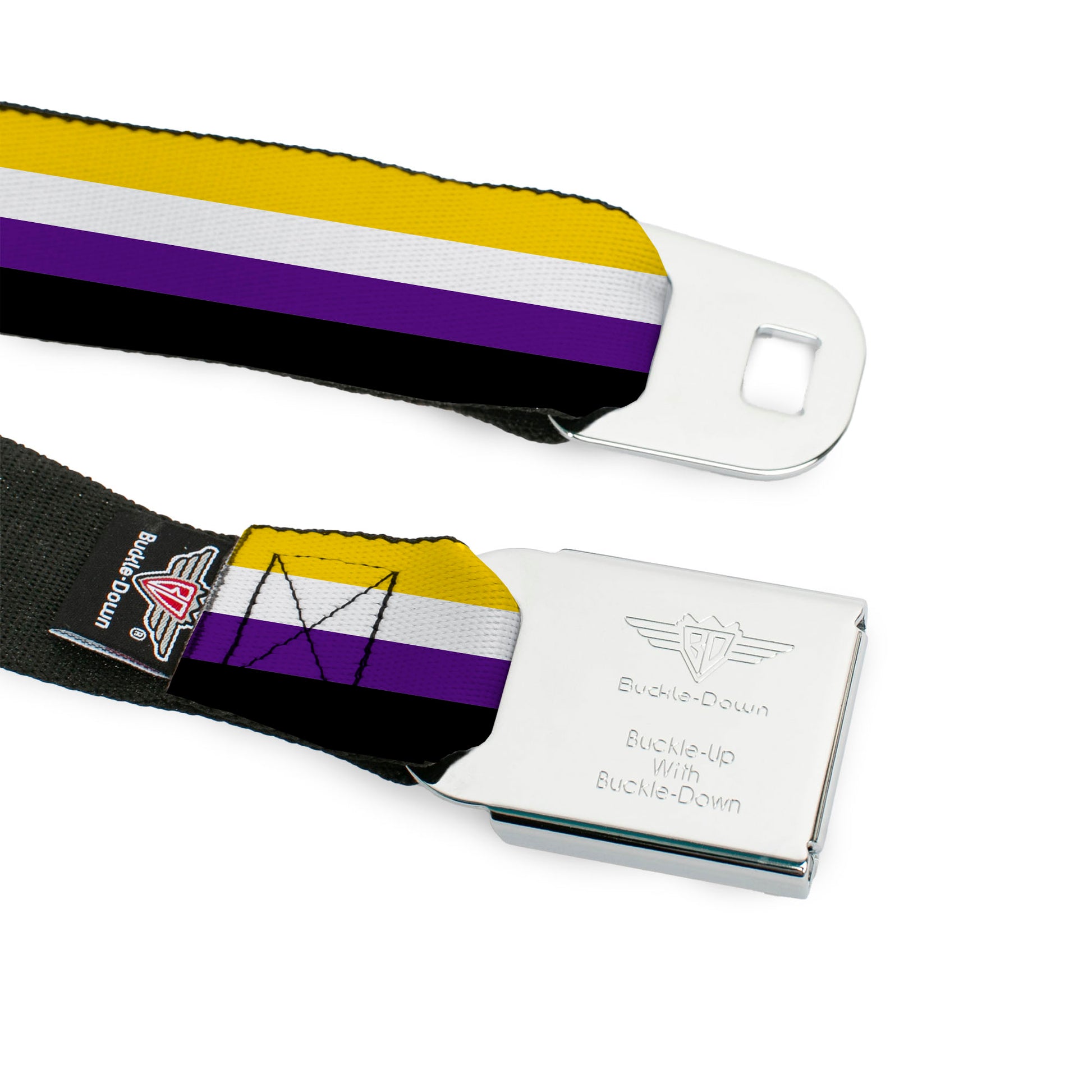 BD Wings Logo CLOSE-UP Black/Silver Seatbelt Belt - Flag Non-Binary Stripe Webbing Seatbelt Belts Buckle-Down